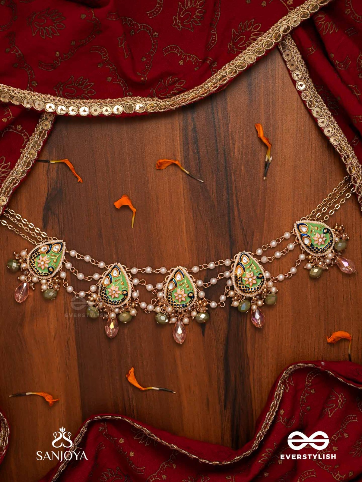 MADHURIMA - SWEET ELEGANCE - HANDCRAFTED HERITAGE KUNDAN CHOKER WITH GOLDEN POLKI AND GEM DROPS