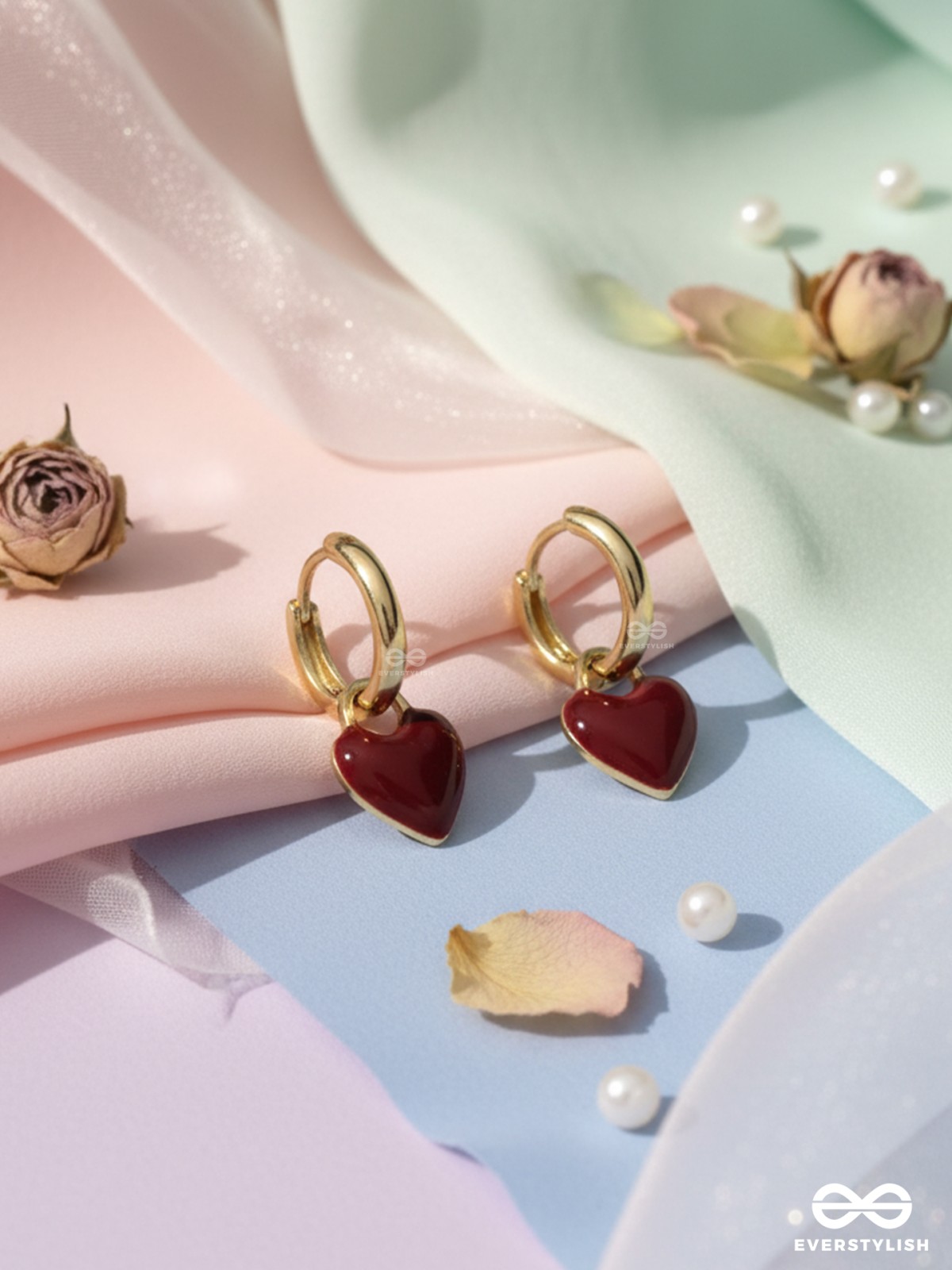 SCARLET CHARM - DAINTY HOOPS WITH A DEEP RED HEART