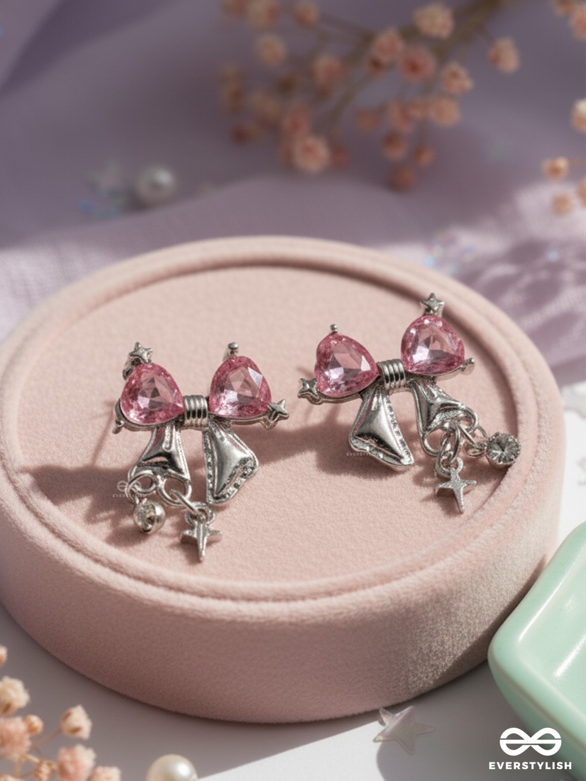 MOONLIT RHYTHM - ROMANTIC PINK GEM AND SILVER CHARM EARRINGS