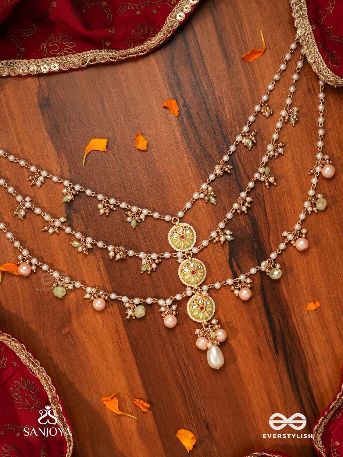 TANVIKA - DELICATE BEAUTY- DELICATE ENAMELLED MULTI-CHAIN NECKPIECE WITH PEARLS AND BEADS