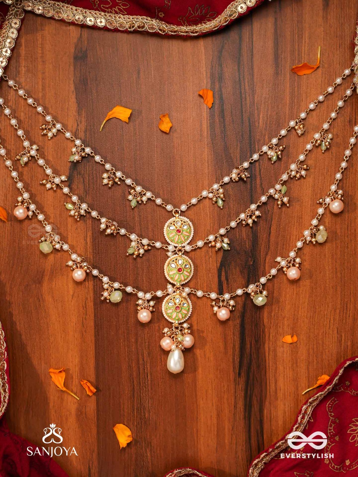 TANVIKA - DELICATE BEAUTY- DELICATE ENAMELLED MULTI-CHAIN NECKPIECE WITH PEARLS AND BEADS