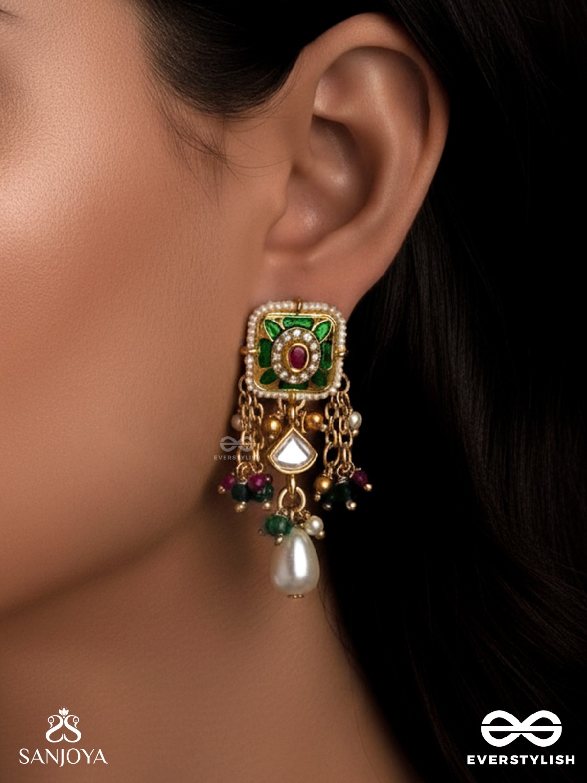 RANIRAGA - QUEEN’S MELODY- EXQUISITE KUNDAN EARRINGS WITH FLORAL ENAMEL WORK, BEADS AND PEARLS