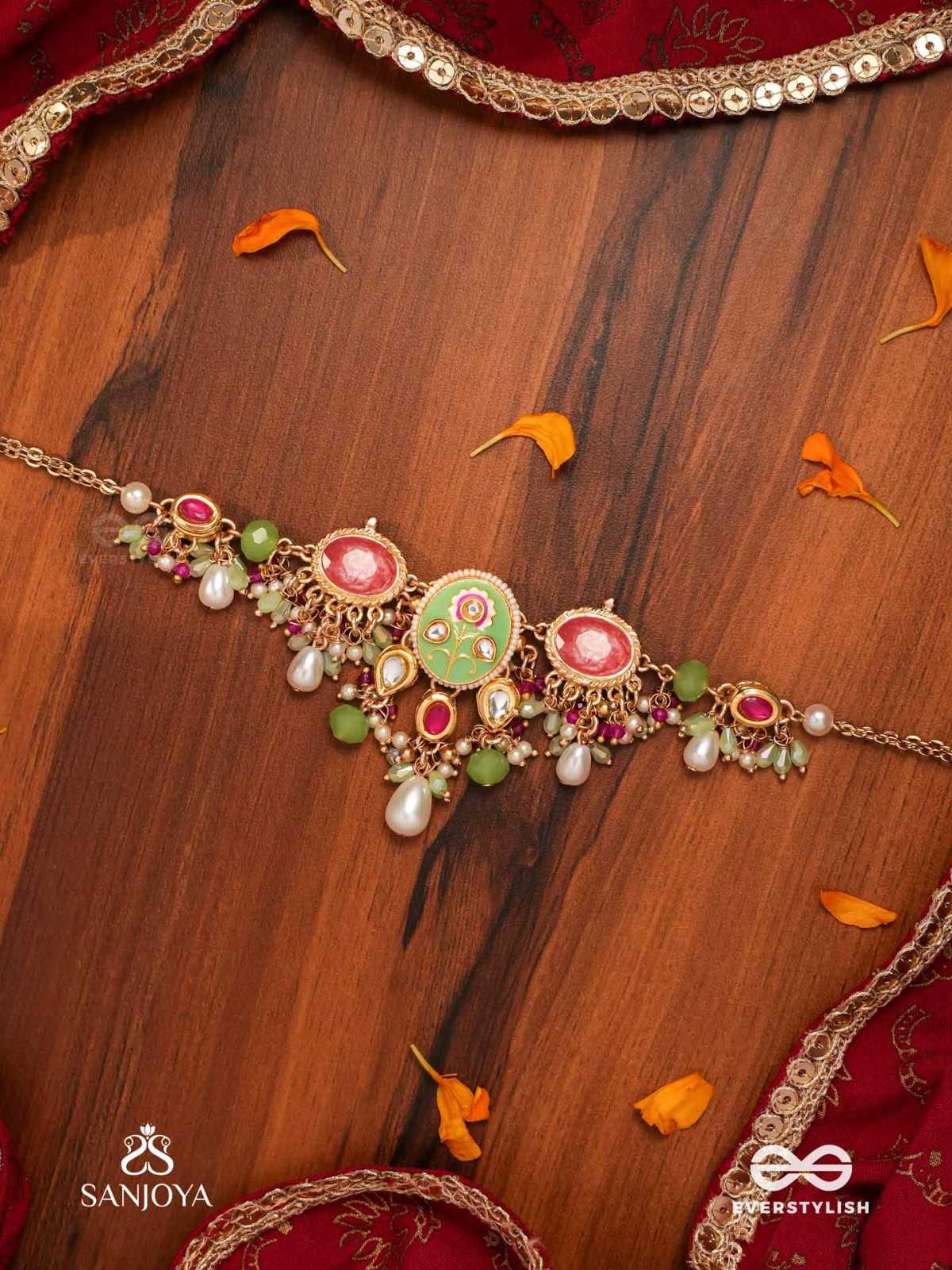 KARUNYA - GRACEFUL AURA- INTRICATE KUNDAN ENAMELLED NECKPIECE WITH PEARLS, BEADS AND GEMSTONES