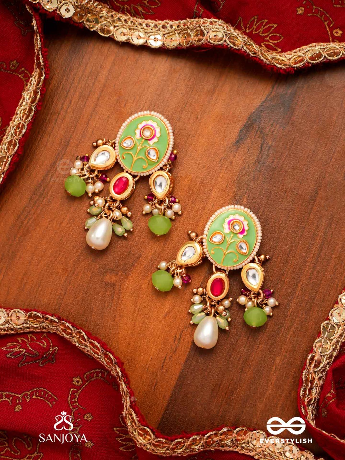 KARUNYA - GRACEFUL AURA- INTRICATE KUNDAN EARRINGS WITH PEARLS, BEADS AND GEMSTONES