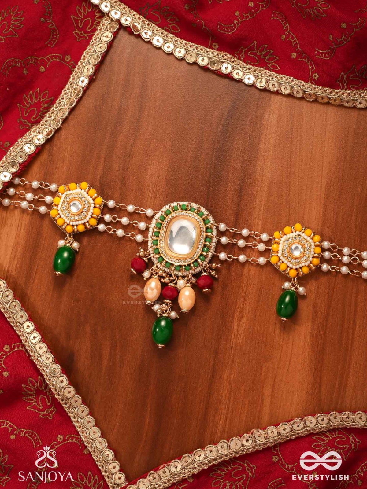 KANAKSHOBHA - GOLDEN GRACE- TRADITIONAL KUNDAN NECKPIECE WITH BEADS AND PEARLS