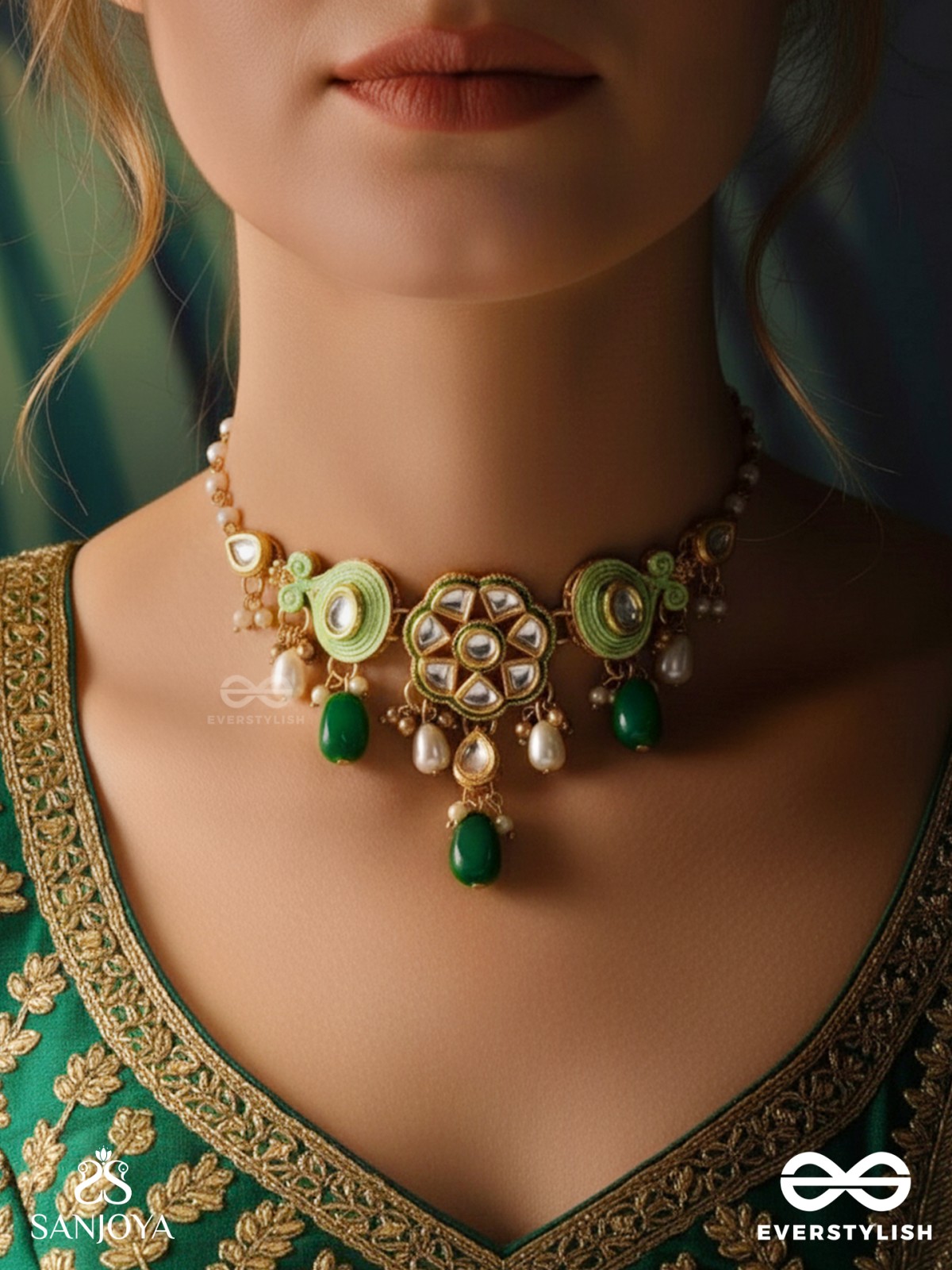 TARALYA - GENTLE RADIANCE- MINIMAL KUNDAN NECKPIECE WITH GREEN DROPS AND PEARLS