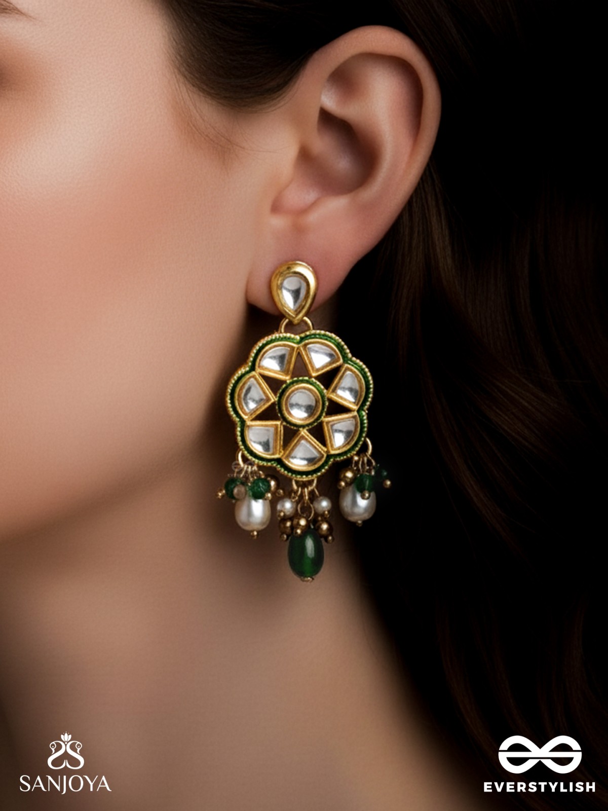 TARALYA - GENTLE RADIANCE- MINIMAL KUNDAN EARRINGS WITH GREEN DROPS AND PEARLS