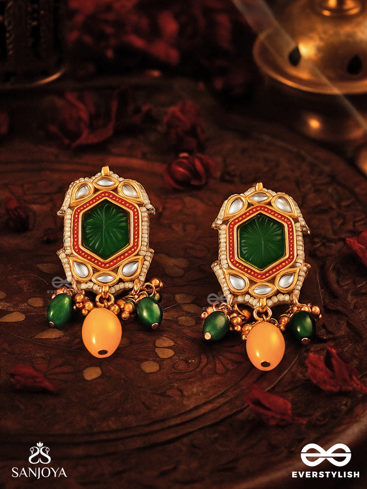 PITAMBRINI - ADORNED IN YELLOW- KUNDAN HANDCRAFTED EARRINGS WITH PEARLS AND BEADS