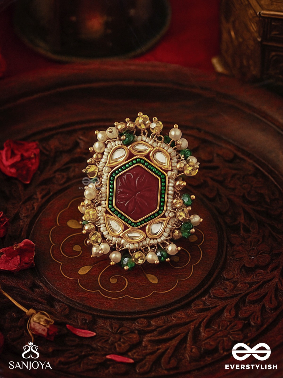 SURYAPRABHA - SUN’S AURA- LUXE HERITAGE KUNDAN RING WITH PEARLS, BEADS AND GEMSTONES