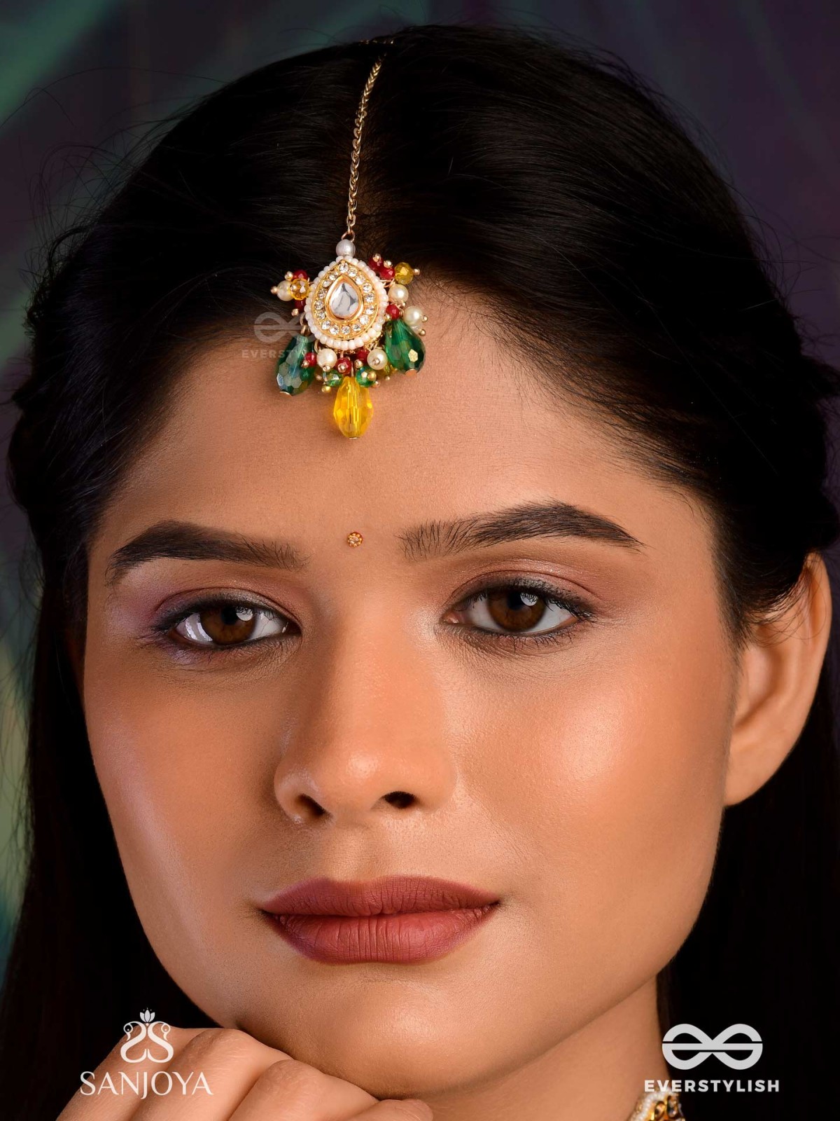 MRIDULYA - TENDER BEAUTY-  KUNDAN MAANGTIKA WITH DETAILED ROUND PENDANT, PEARLS AND BEADS