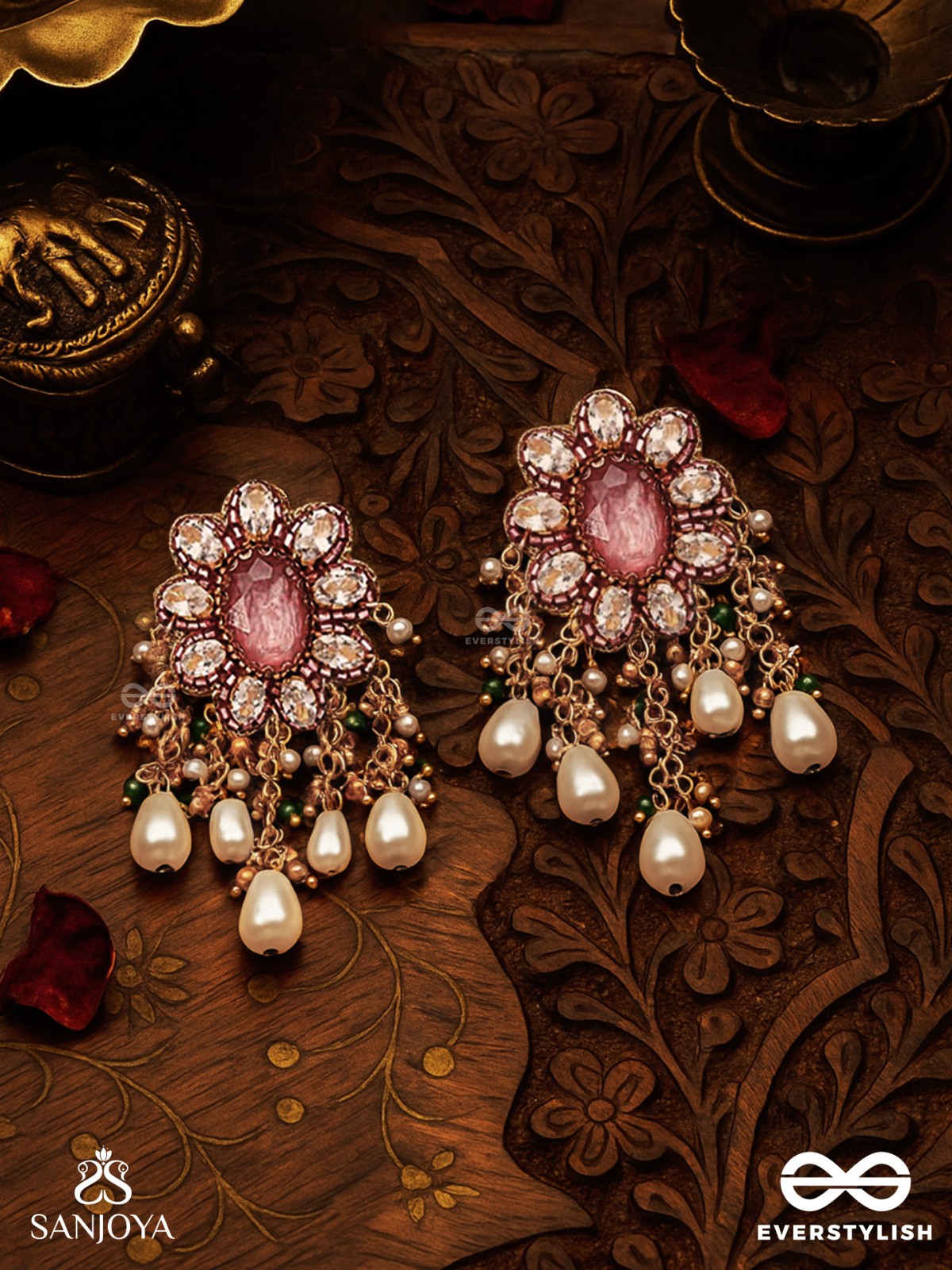 LALIMA - TINT OF PINK-  HAND EMBROIDERED EARRINGS WITH PEARL DROPLETS AND GEMSTONES