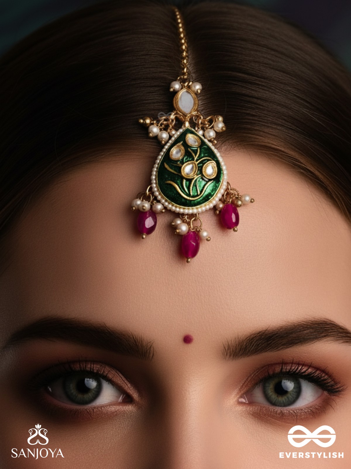SINDURYA - SCARLET RAYS- GRAND CRESCENT ENAMEL KUNDAN MAANGTIKA WITH PEARLS AND BEADS