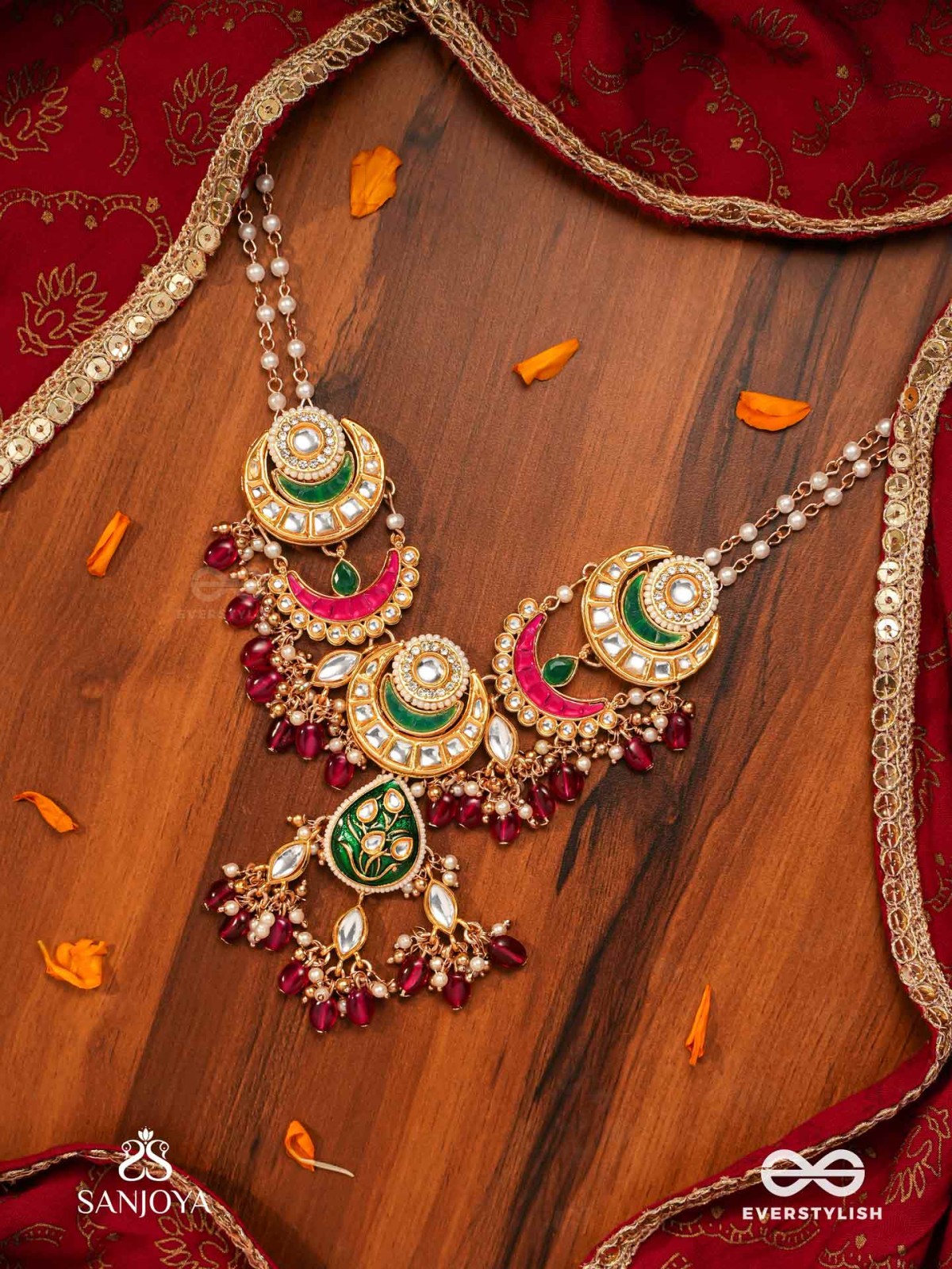 SINDURYA - SCARLET RAYS- GRAND CRESCENT ENAMEL KUNDAN NECKLACE WITH PEARLS AND BEADS