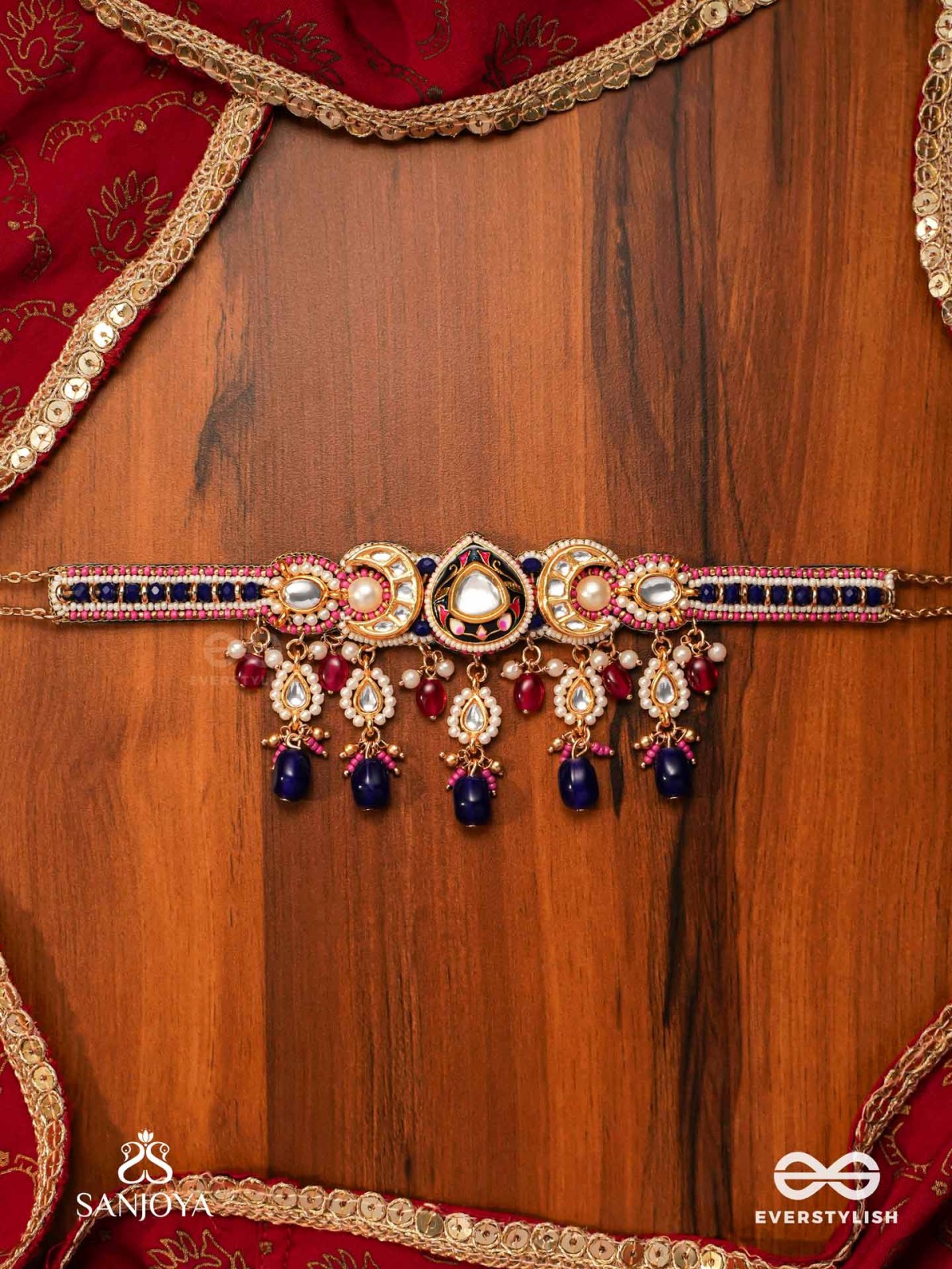 KUMUDRAAG - BLOOMING AT NIGHT-  INTRICATE ENAMELLED HANDCRAFTED KUNDAN CHOKER WITH PEARLS AND BEADS