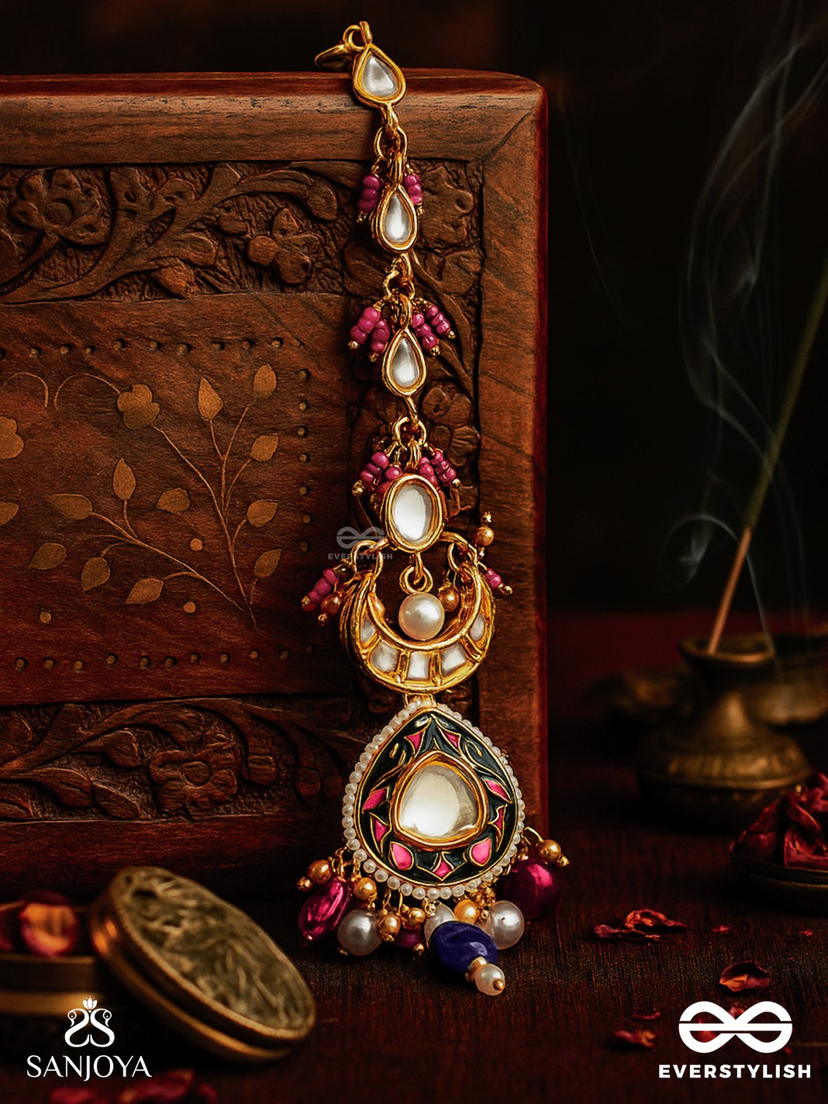 KUMUDRAAG - BLOOMING AT NIGHT-  INTRICATE ENAMELLED HANDCRAFTED KUNDAN MAANGTIKA WITH PEARLS AND BEADS