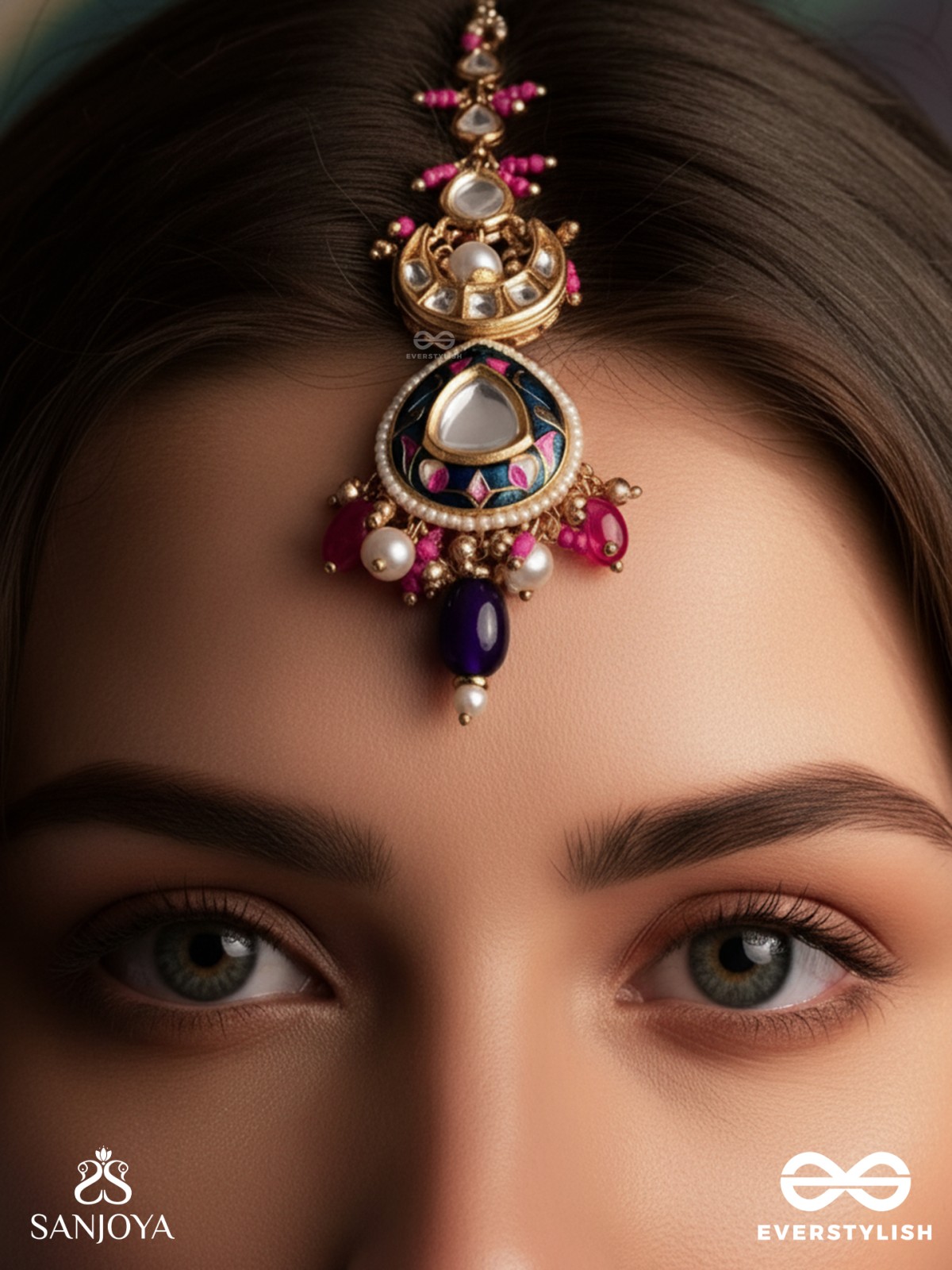 KUMUDRAAG - BLOOMING AT NIGHT-  INTRICATE ENAMELLED HANDCRAFTED KUNDAN MAANGTIKA WITH PEARLS AND BEADS