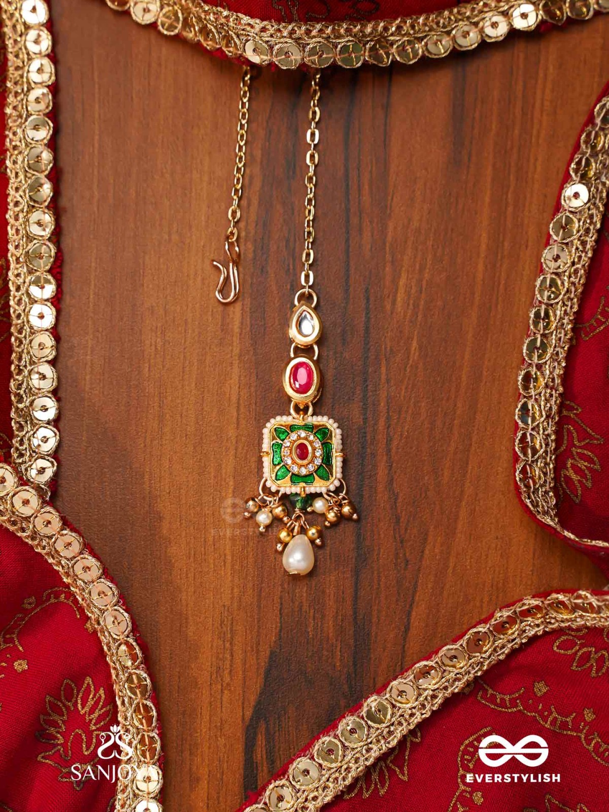 VANDEVI - GODDESS OF THE FOREST-  GRACEFUL KUNDAN MAANGTIKA WITH BEADS, DAINTY CHAINS AND PEARL DROPS
