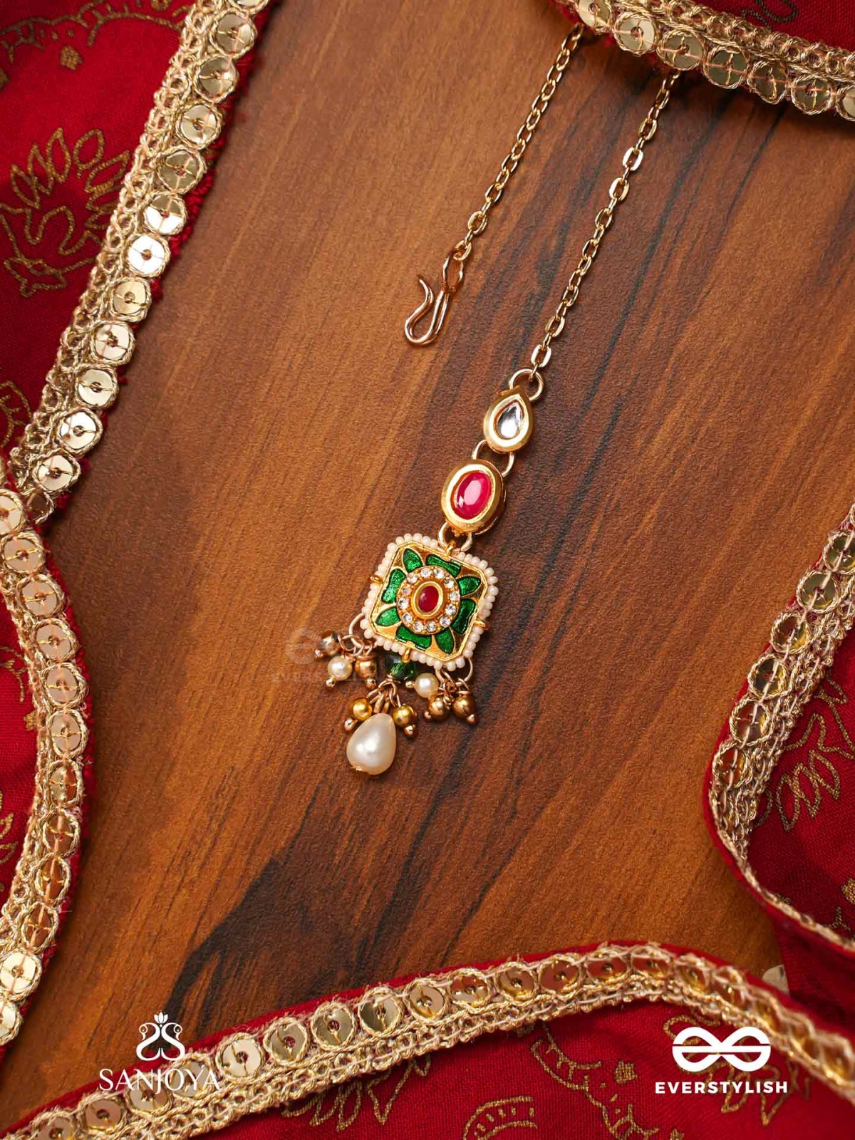 VANDEVI - GODDESS OF THE FOREST-  GRACEFUL KUNDAN MAANGTIKA WITH BEADS, DAINTY CHAINS AND PEARL DROPS