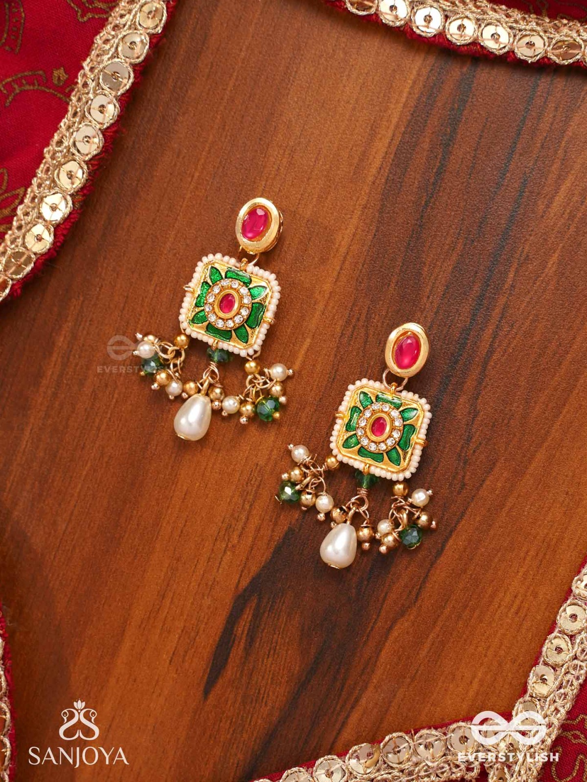 VANDEVI - GODDESS OF THE FOREST-  GRACEFUL KUNDAN EARRINGS WITH BEADS AND PEARL DROPS