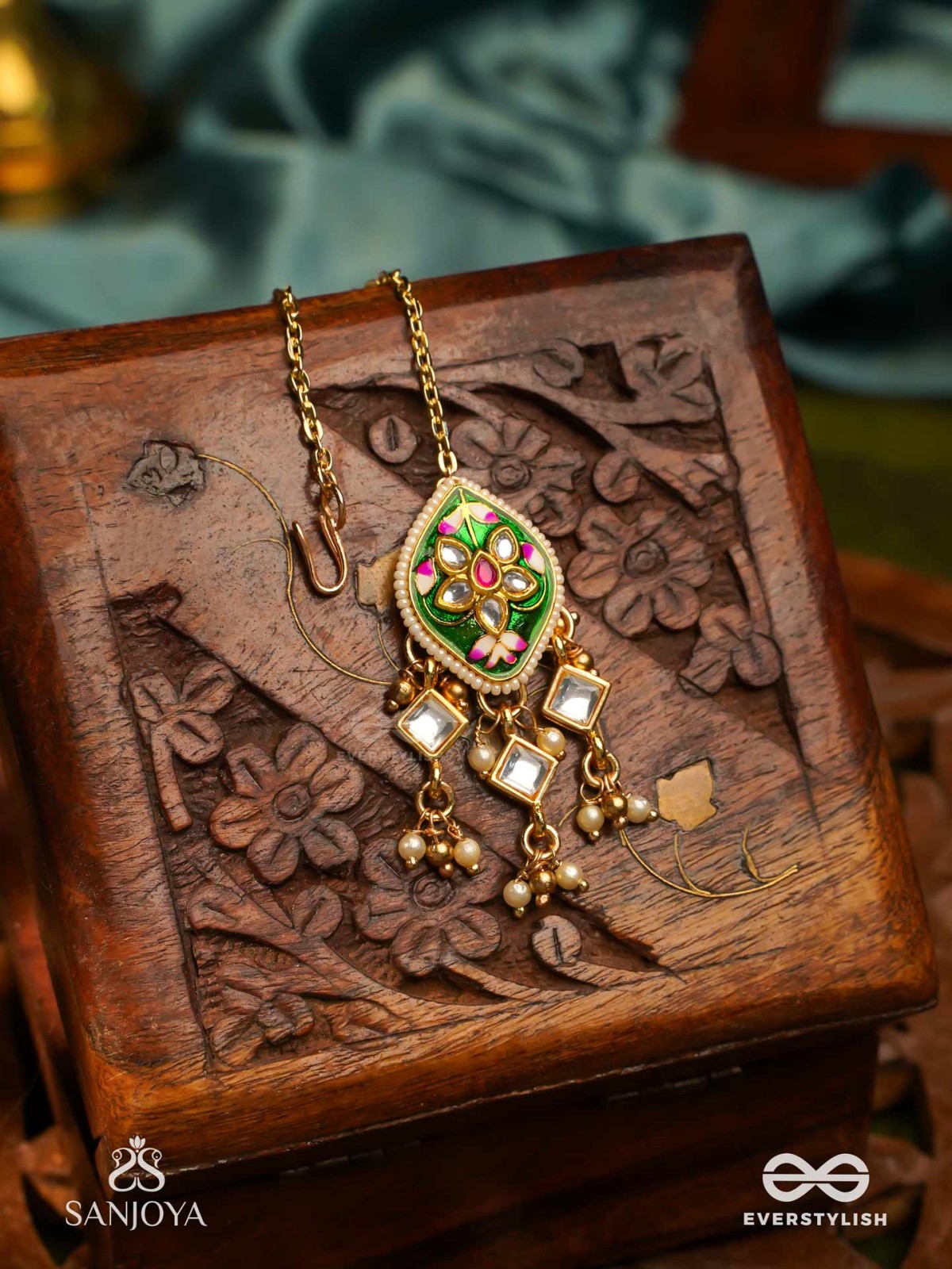 SHRINGARIKA - THE ADORNED ONE- ELEGANT PEARL MAANGTIKA WITH GREEN ENAMEL DROP, KUNDAN AND BEADS