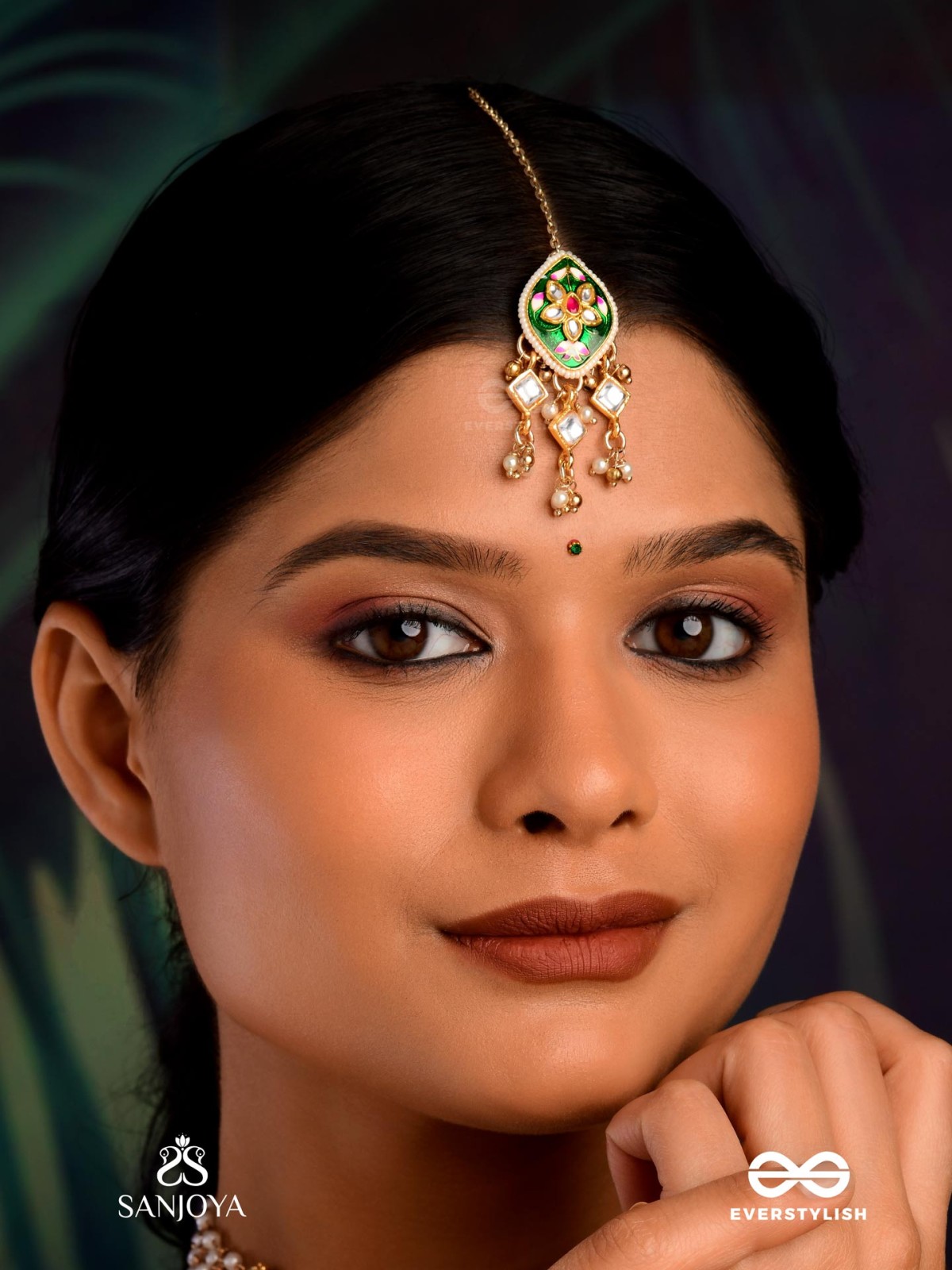 SHRINGARIKA - THE ADORNED ONE- ELEGANT PEARL MAANGTIKA WITH GREEN ENAMEL DROP, KUNDAN AND BEADS