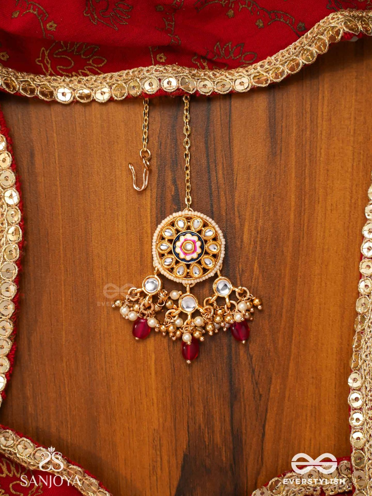 TRIBANDHURA - THREE-STRANDED BEAUTY-  KUNDAN MAANGTIKA WITH FLORAL ENAMELLED MEDALLIONS AND RUBY DROPS