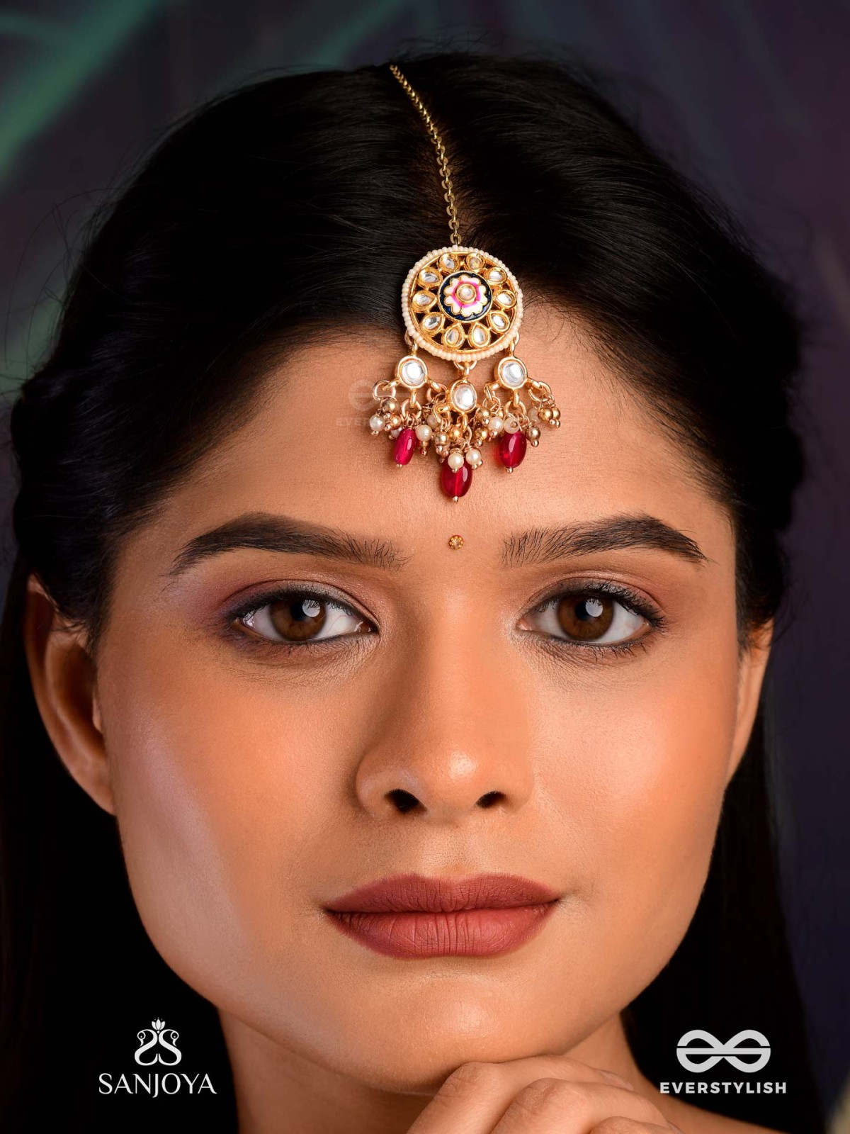 TRIBANDHURA - THREE-STRANDED BEAUTY-  KUNDAN MAANGTIKA WITH FLORAL ENAMELLED MEDALLIONS AND RUBY DROPS