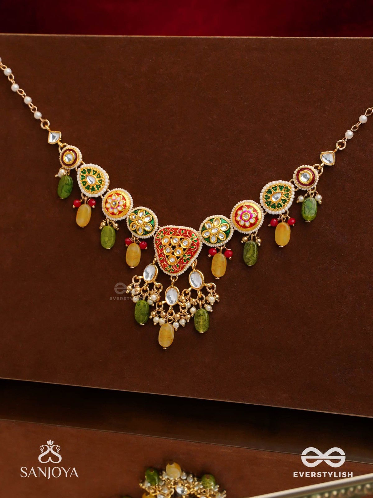 SATRANGIJA - RAINBOW-CLAD- FESTIVE ENAMELLED KUNDAN NECKLACE WITH COLORFUL DROPS AND PEARLS