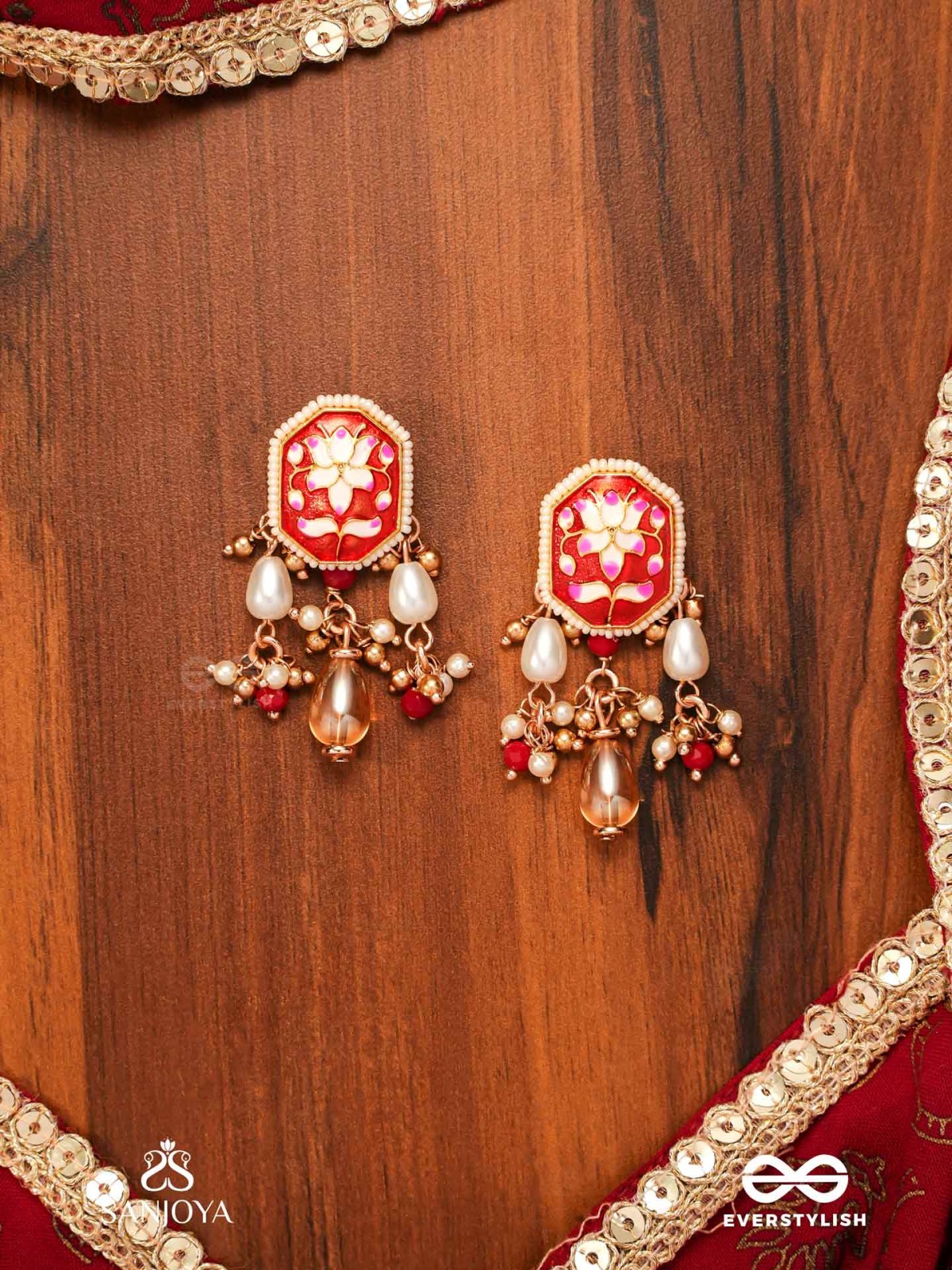 ABHARANI - THE ADORNED QUEEN- FINE TRADITIONAL KUNDAN EARRINGS WITH RED ENAMEL WORK, PEARL AND BEADS
