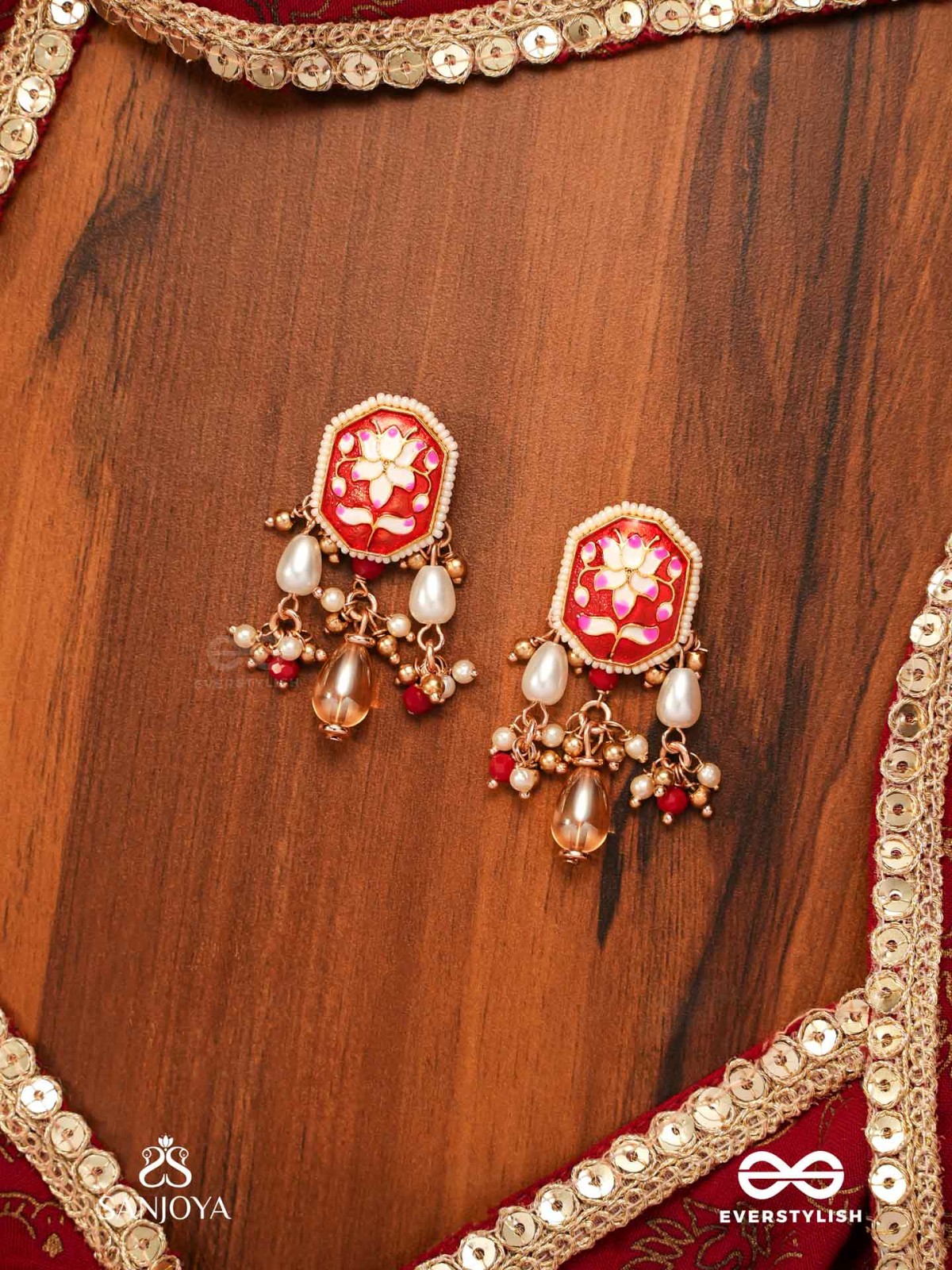 ABHARANI - THE ADORNED QUEEN- FINE TRADITIONAL KUNDAN EARRINGS WITH RED ENAMEL WORK, PEARL AND BEADS