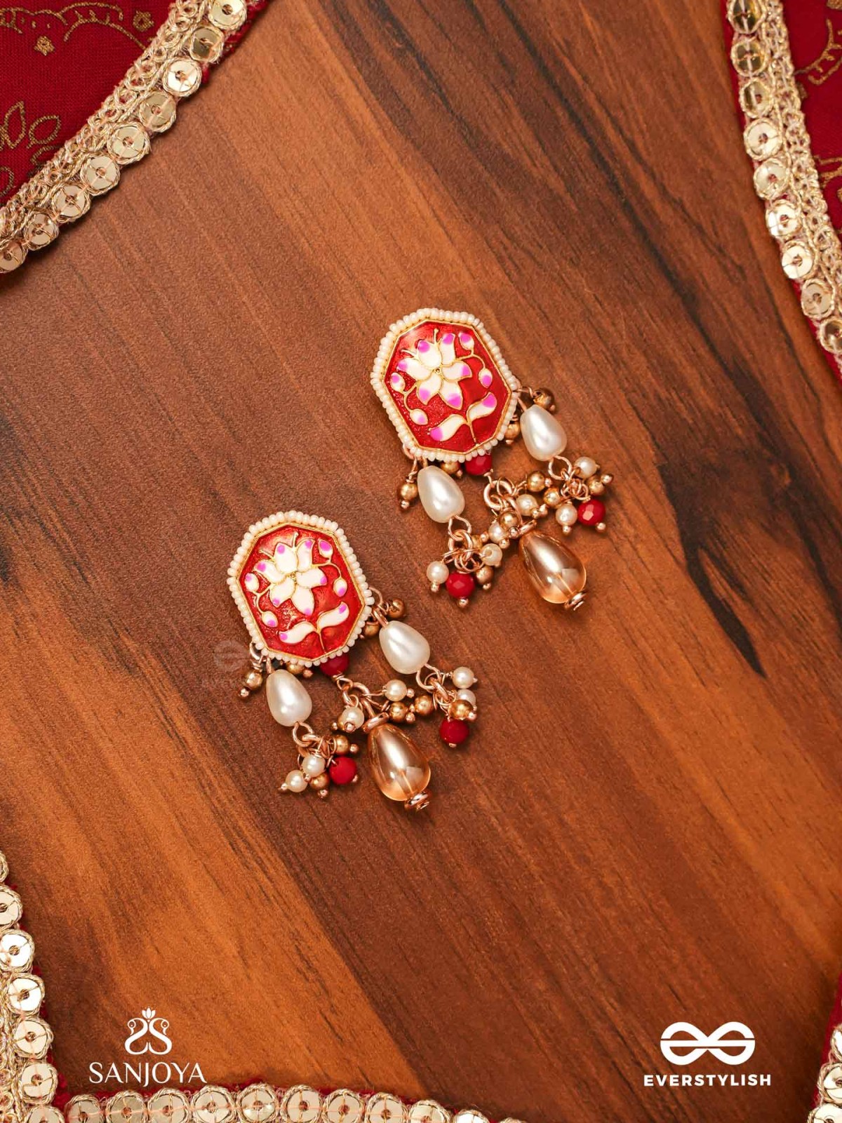 ABHARANI - THE ADORNED QUEEN- FINE TRADITIONAL KUNDAN EARRINGS WITH RED ENAMEL WORK, PEARL AND BEADS