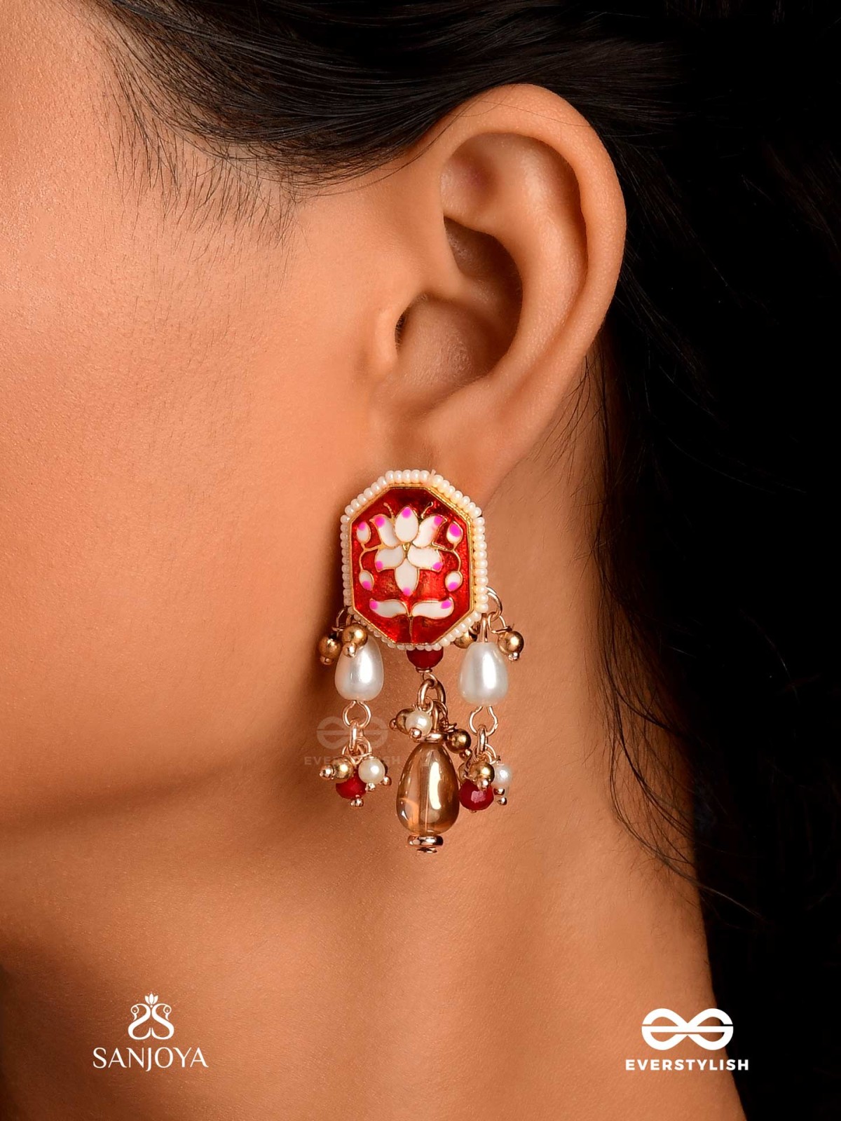 ABHARANI - THE ADORNED QUEEN- FINE TRADITIONAL KUNDAN EARRINGS WITH RED ENAMEL WORK, PEARL AND BEADS