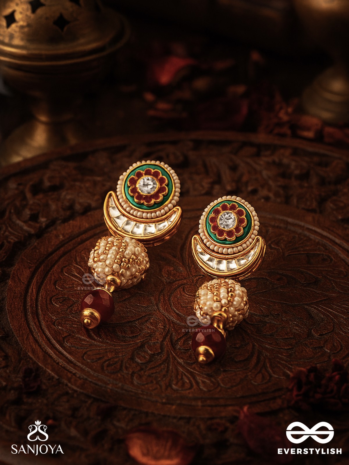 SHASHIRATNA - MOON GEM- MINIMALISTIC KUNDAN ENAMEL EARRINGS WITH FLORAL CENTER, PEARL SPHERES AND CELESTIAL DESIGN