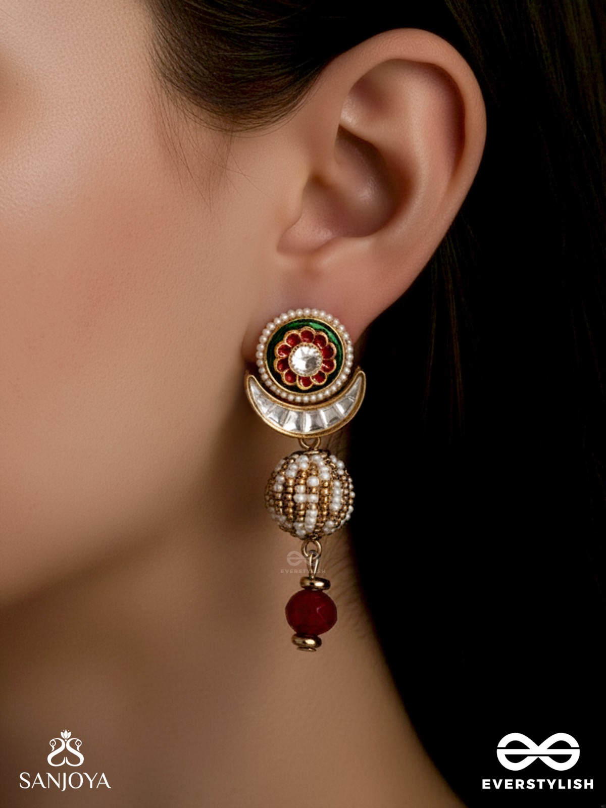 SHASHIRATNA - MOON GEM- MINIMALISTIC KUNDAN ENAMEL EARRINGS WITH FLORAL CENTER, PEARL SPHERES AND CELESTIAL DESIGN