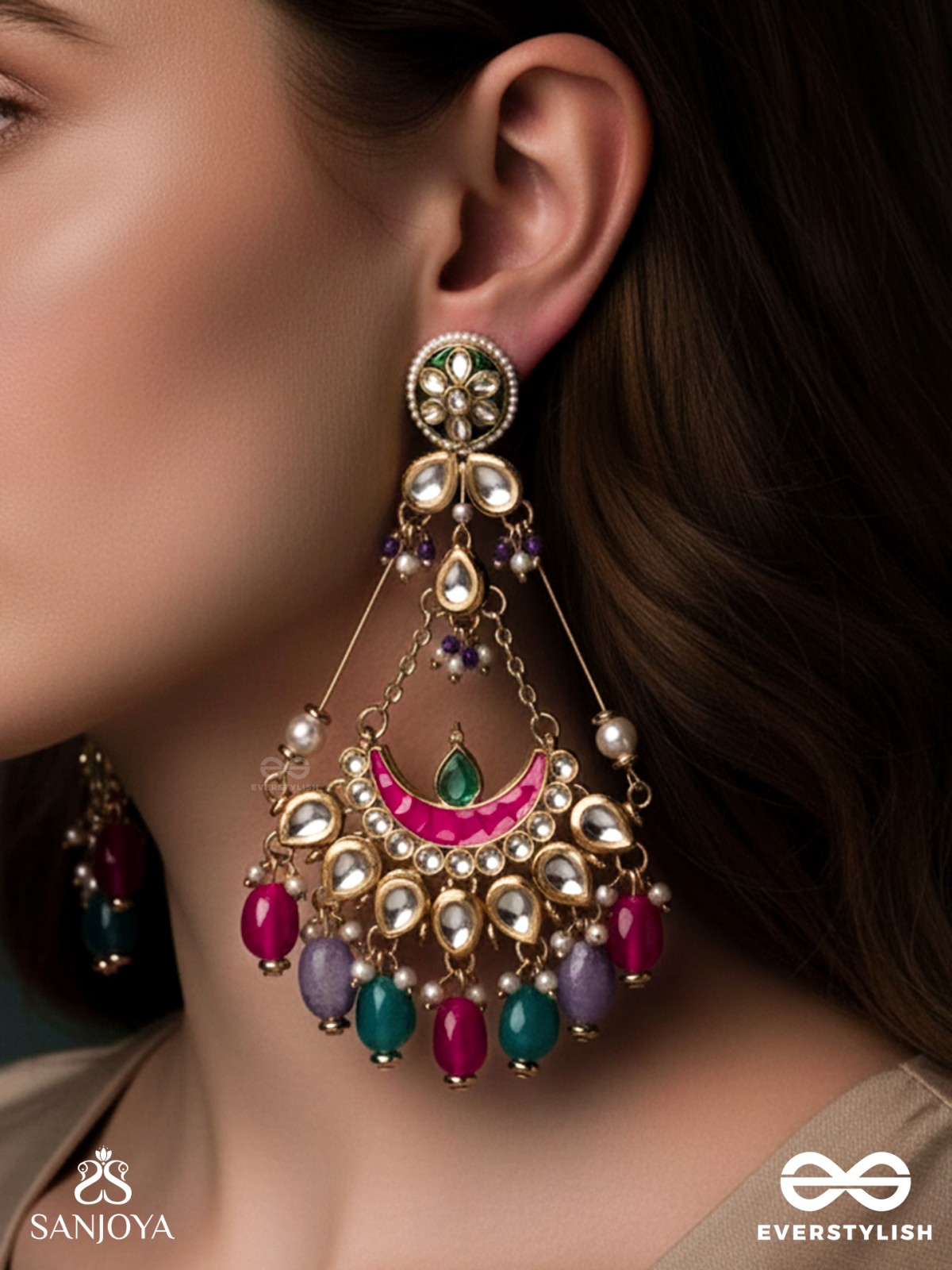RANGAMAYA - FILLED WITH COLORS- INTRICATE KUNDAN CRESCENTS ENAMELLED EARRINGS WITH VIBRANT BEADED FRINGES AND PEARLS