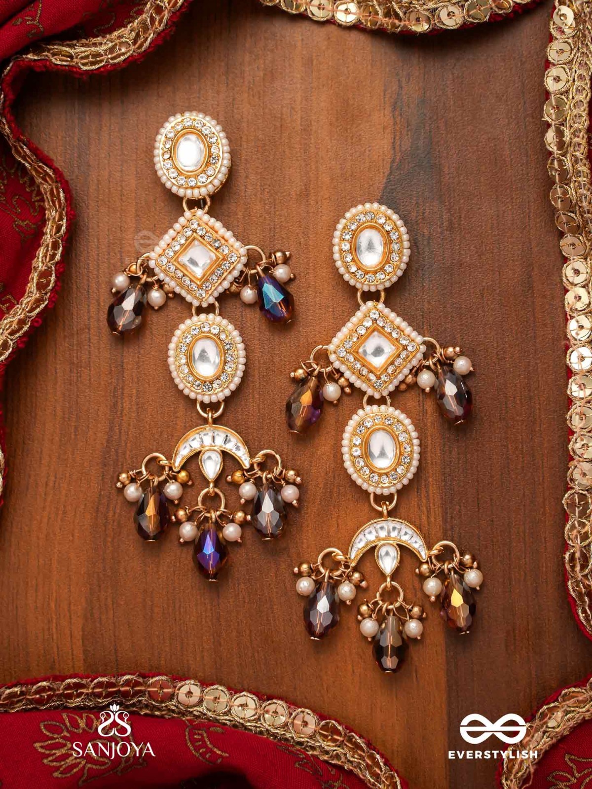 SHYAMALA - DUSKY QUEEN- GEOMETRIC POLKI EARRINGS WITH RICH GLASS DROPS AND PEARLS