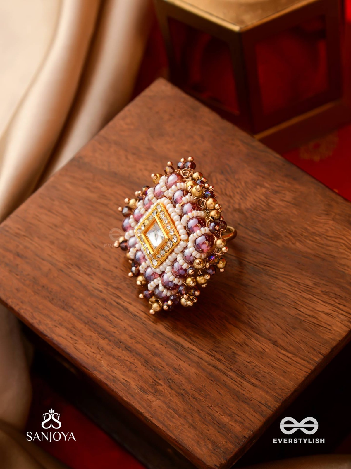 SHYAMALA - DUSKY QUEEN- GEOMETRIC POLKI RING WITH RICH GLASS DROPS AND PEARLS
