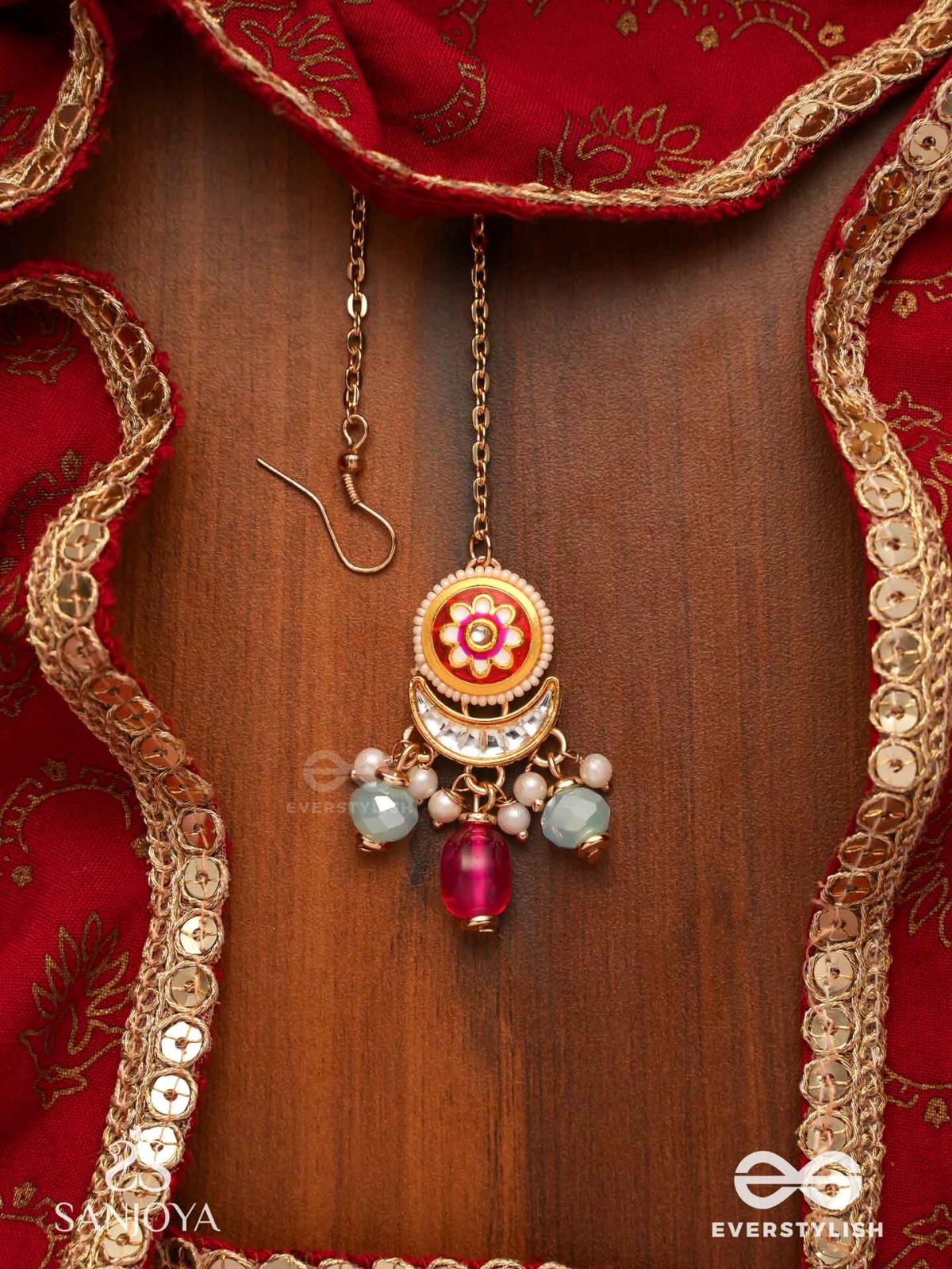 ROCHITA - BLOSSOMED TIP - ENAMELED FLORAL MAANGTIKA WITH CRESCENT AND MULTICOLORED BEADS