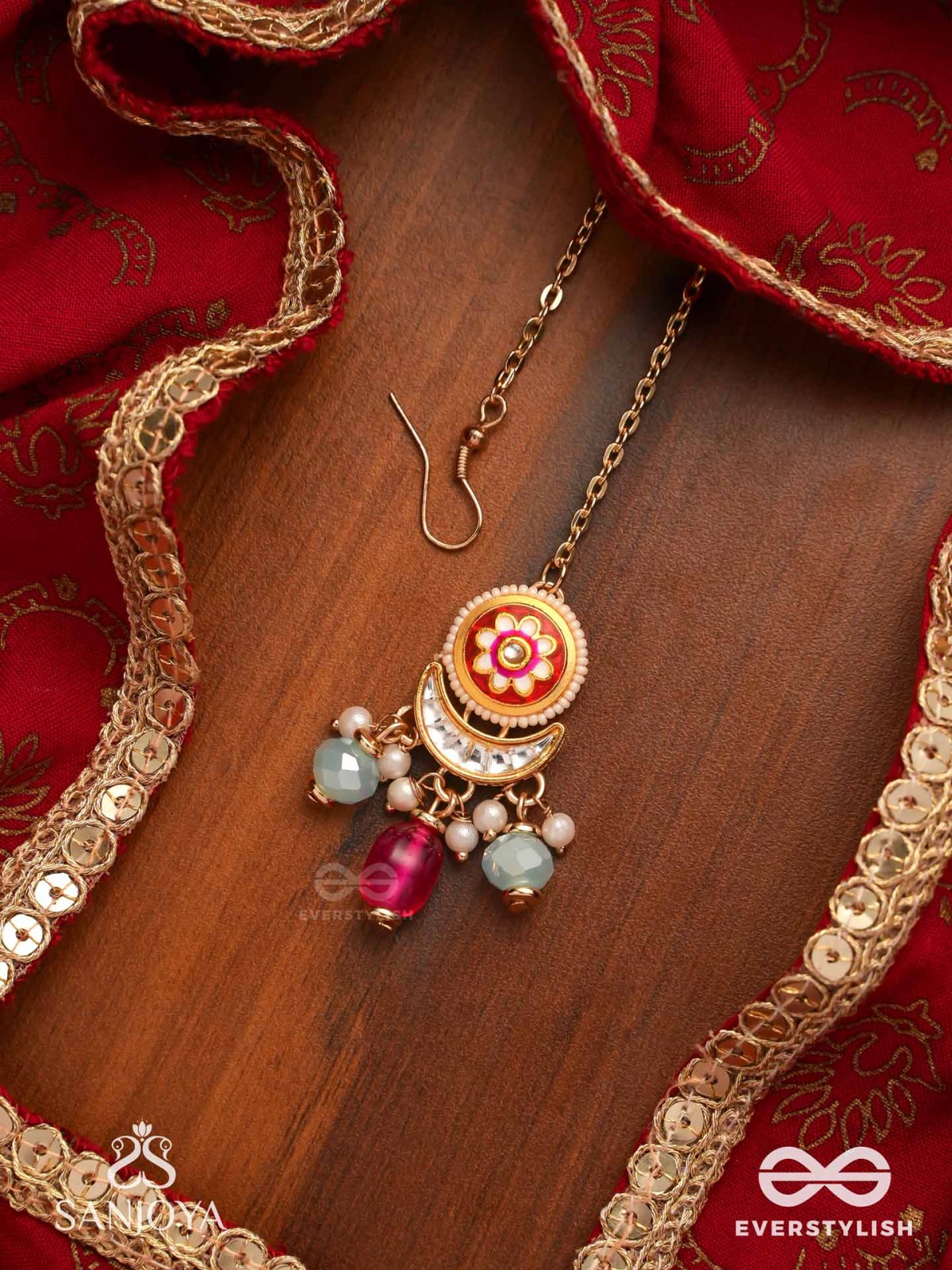 ROCHITA - BLOSSOMED TIP - ENAMELED FLORAL MAANGTIKA WITH CRESCENT AND MULTICOLORED BEADS
