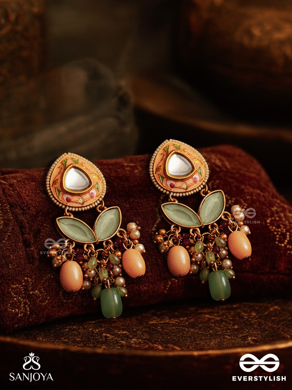VASANTILATA - SPRING VINE- CHARMING PASTEL KUNDAN EARRINGS WITH GEMSTONES, BEADS AND PEARL DROPS