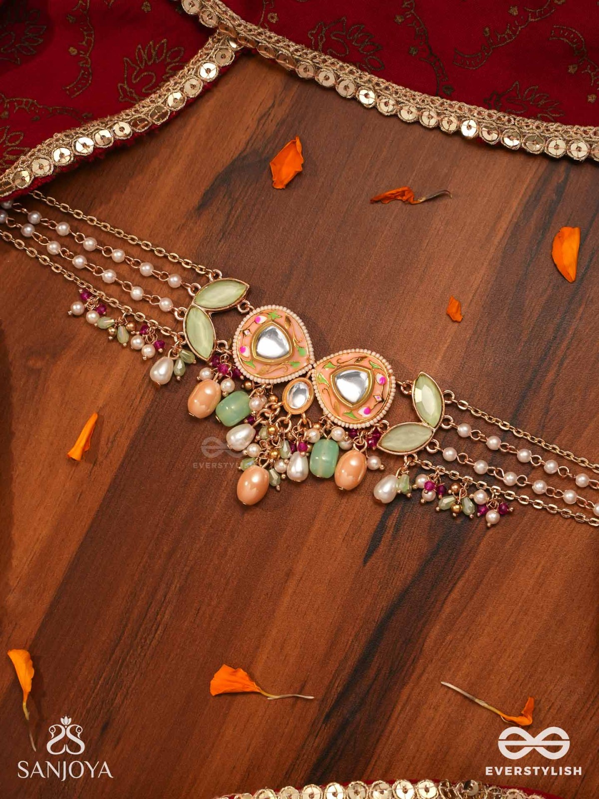 VASANTILATA - SPRING VINE- CHARMING PASTEL KUNDAN NECKLACE WITH GEMSTONES, BEADS AND PEARL DROPS
