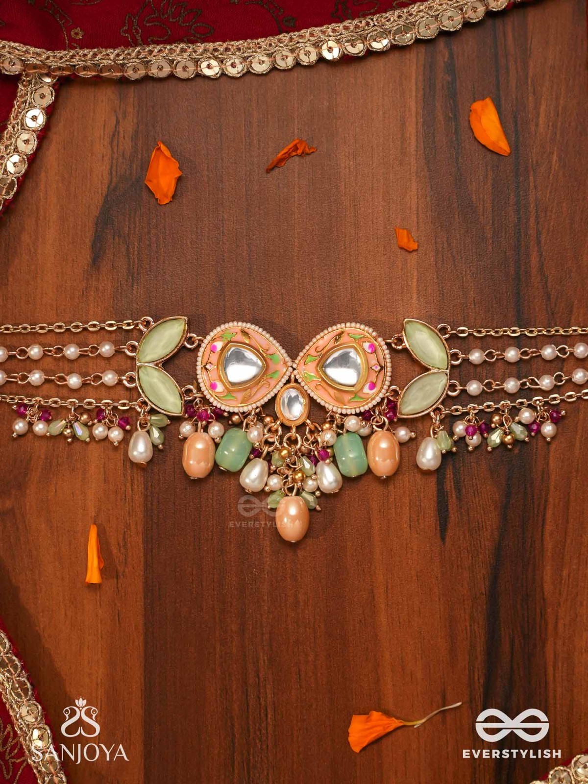 VASANTILATA - SPRING VINE- CHARMING PASTEL KUNDAN NECKLACE WITH GEMSTONES, BEADS AND PEARL DROPS