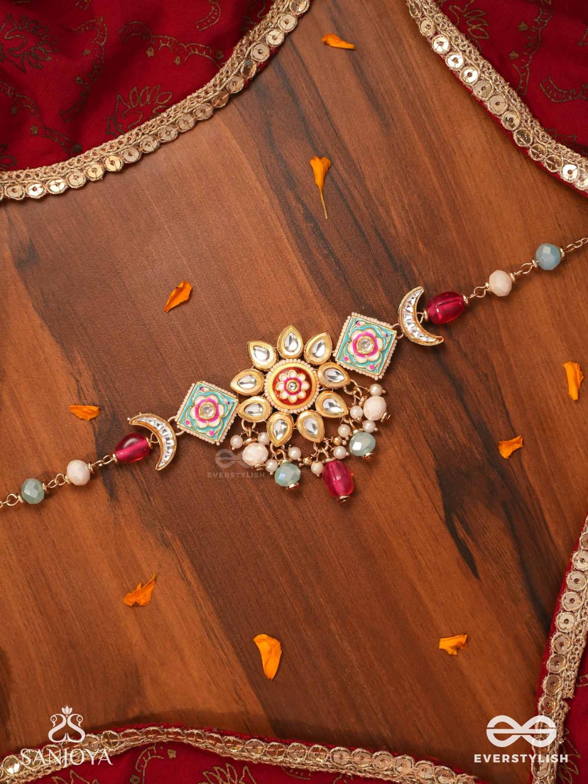 SOMARANGI - MOON-HUED BEAUTY- FLORAL ENAMELLED KUNDAN CHOKER WITH COLORFUL BEAD DROPS AND PEARLS