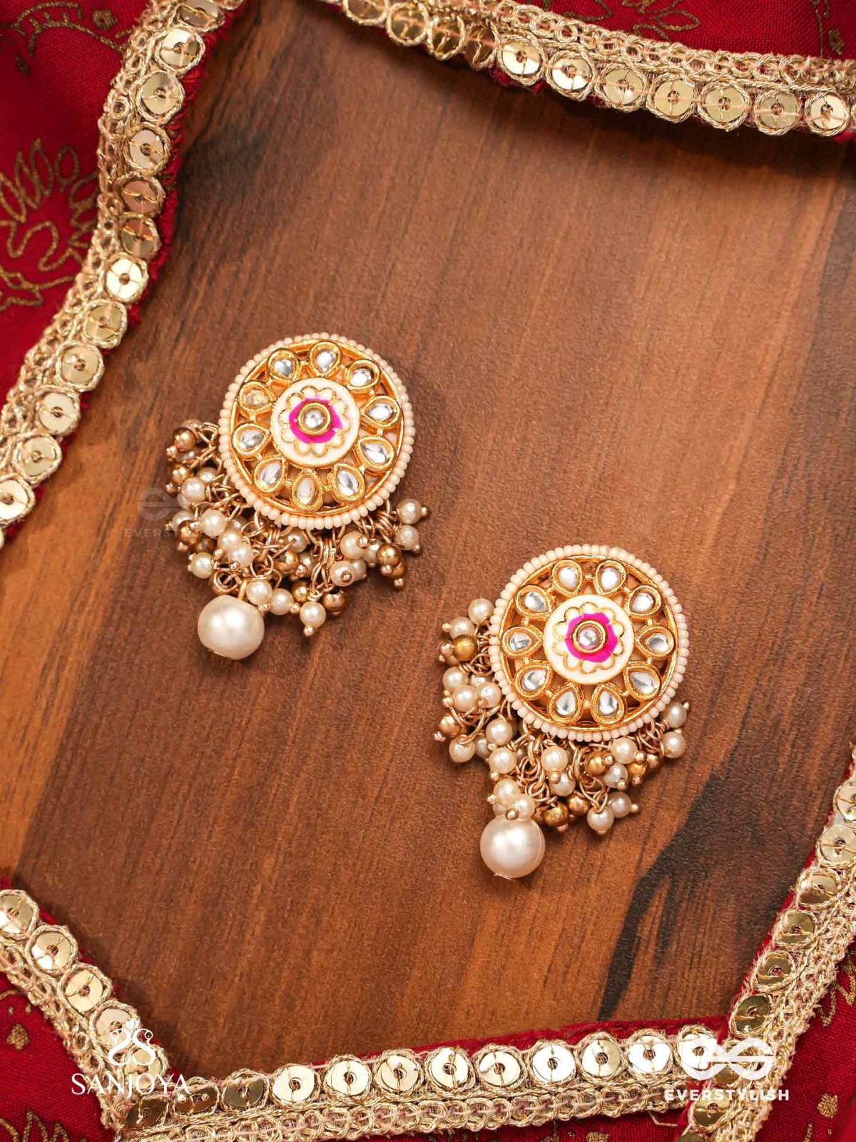 KSHIRANILA - MILKY SKY - ELEGANT KUNDAN PEARL EARRINGS WITH A CENTRAL ROUND POLKI ENAMEL DETAIL