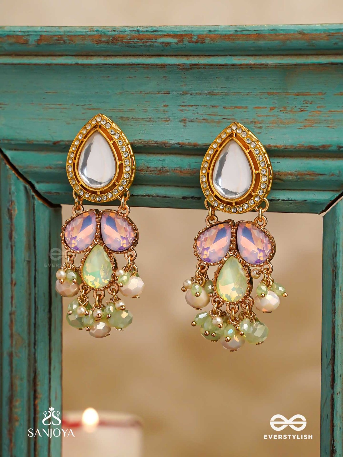 PRITHULAA - DELICATE DROP- PASTEL DROPS KUNDAN EARRINGS WITH PEARL ACCENTS, GEMSTONES AND BEADS