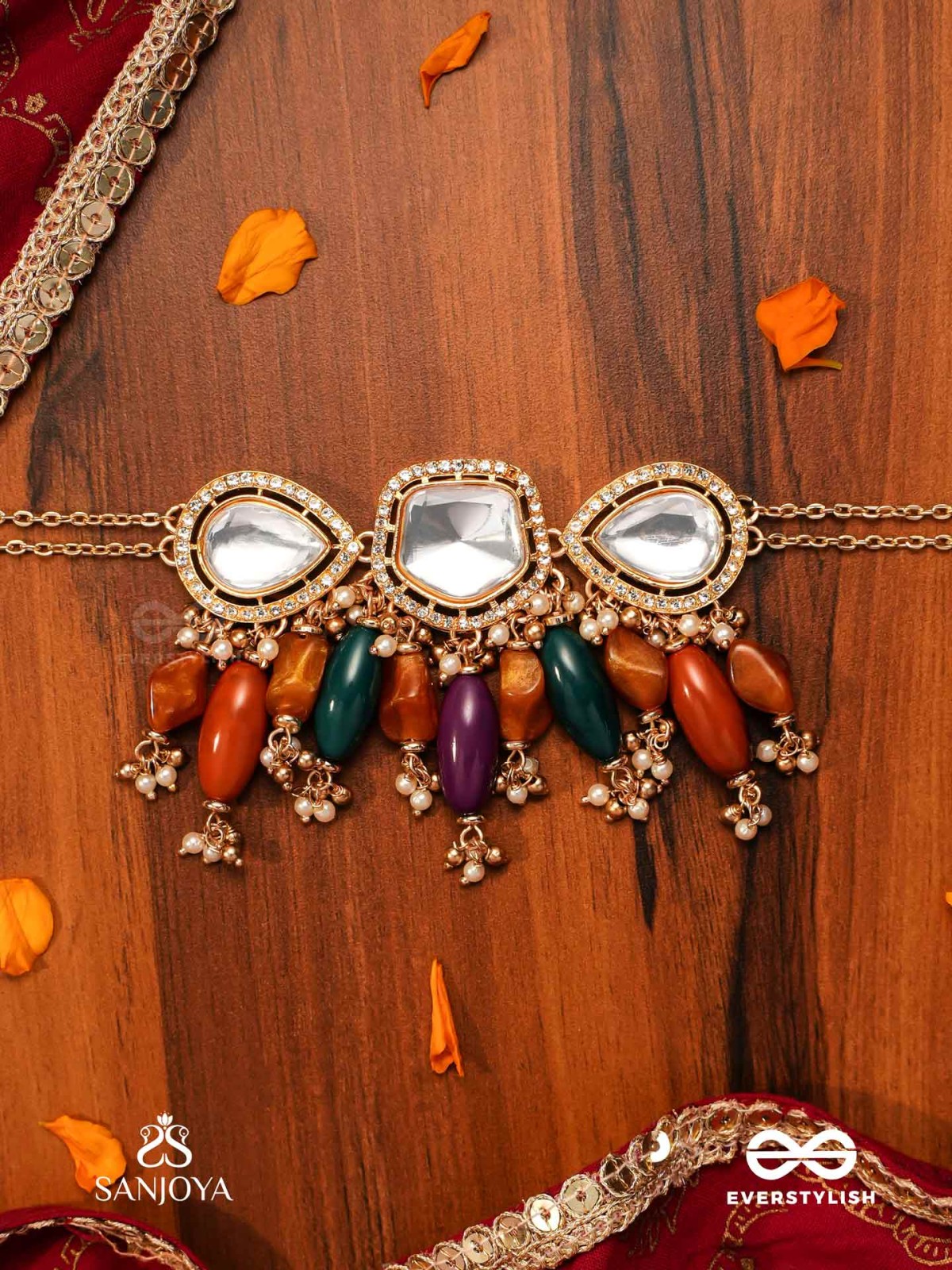 RASARANJANI - COLORFUL HARMONY- CONTEMPORARY KUNDAN STATEMENT NECKPIECE WITH DEEP-HUED BEADS AND PEARLS