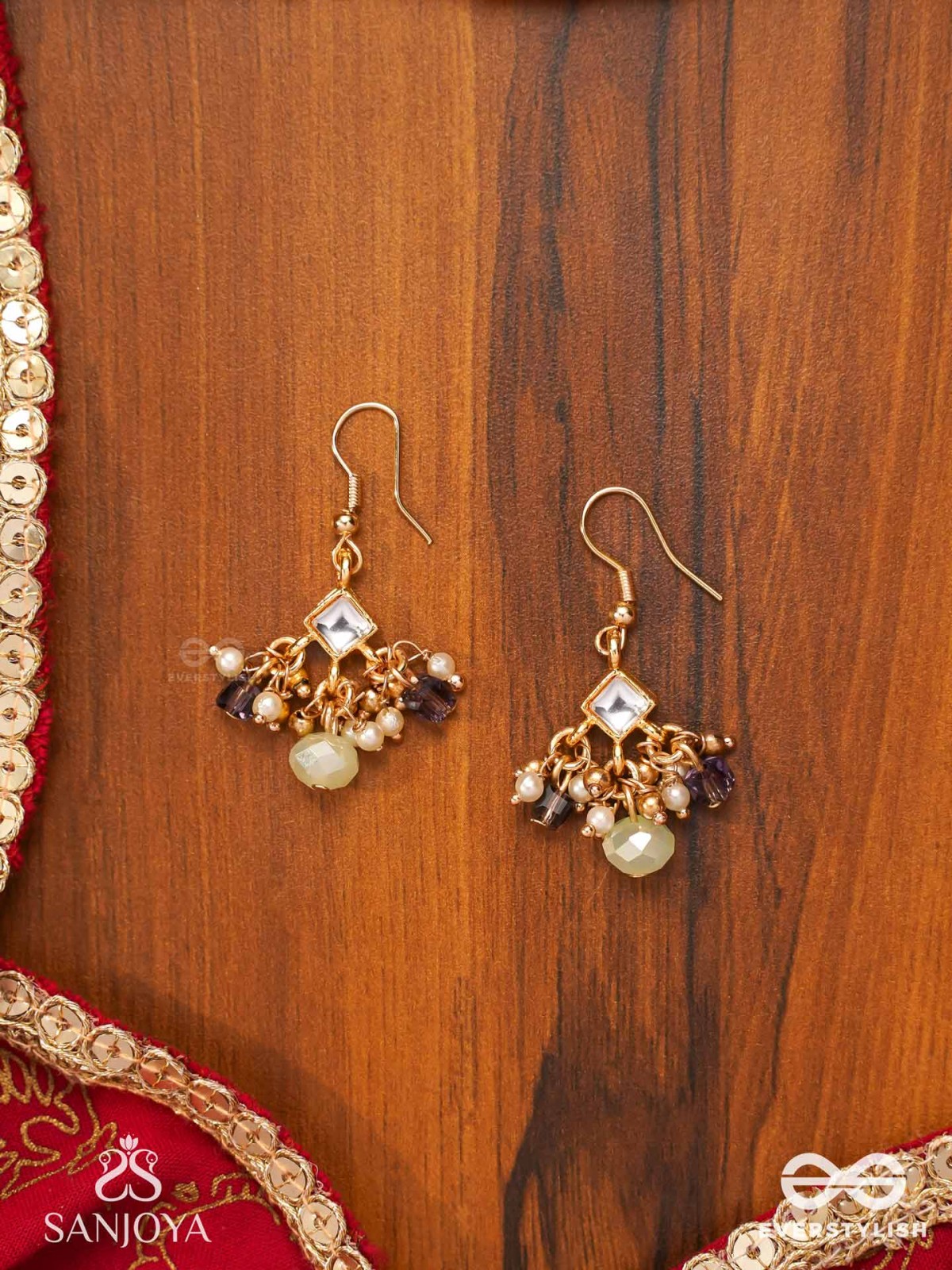 HARSHITA - THE JOYFUL ONE- DELICATE PEARL EARRINGS WITH MINI KUNDAN BLOOMS AND GREEN GEM DROPLETS