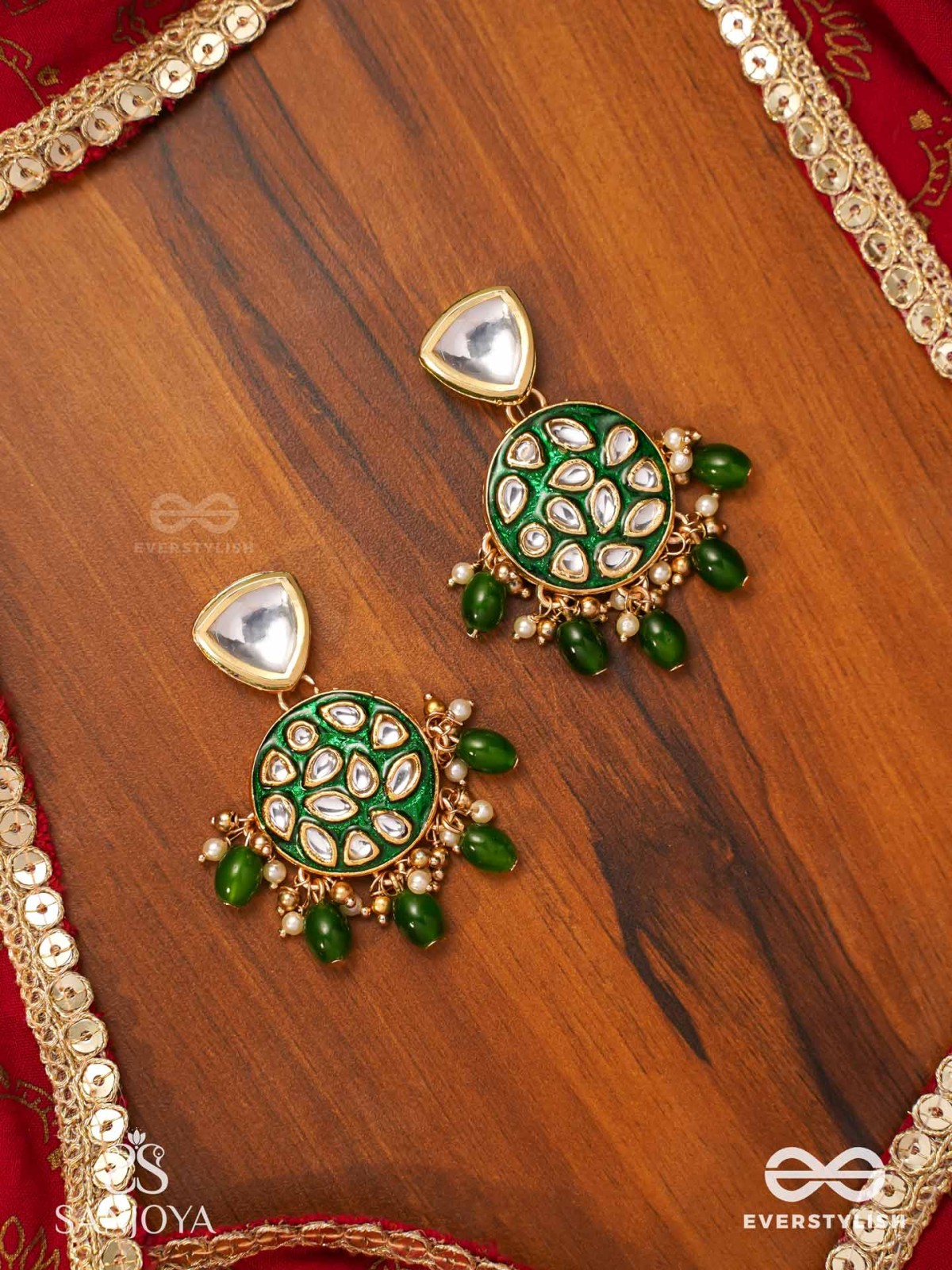 ARUNODAYA - DAWN RAYS- SYMMETRICAL KUNDAN POLKI EARRINGS WITH EMERALD GREEN ENAMEL ACCENT, PEARLS AND BEADS