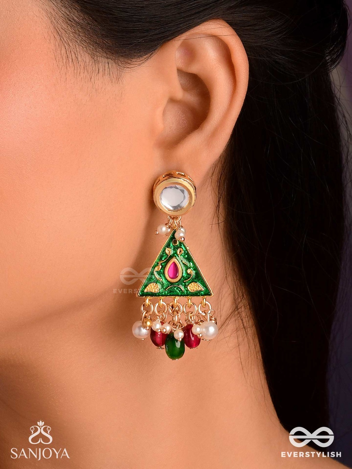 RANGLEKHA - LINES OF COLOR-  LAYERED GOLDEN CHAINED KUNDAN EARRINGS WITH VIBRANT GEM DROPS AND FLORAL ENAMELED EDGES
