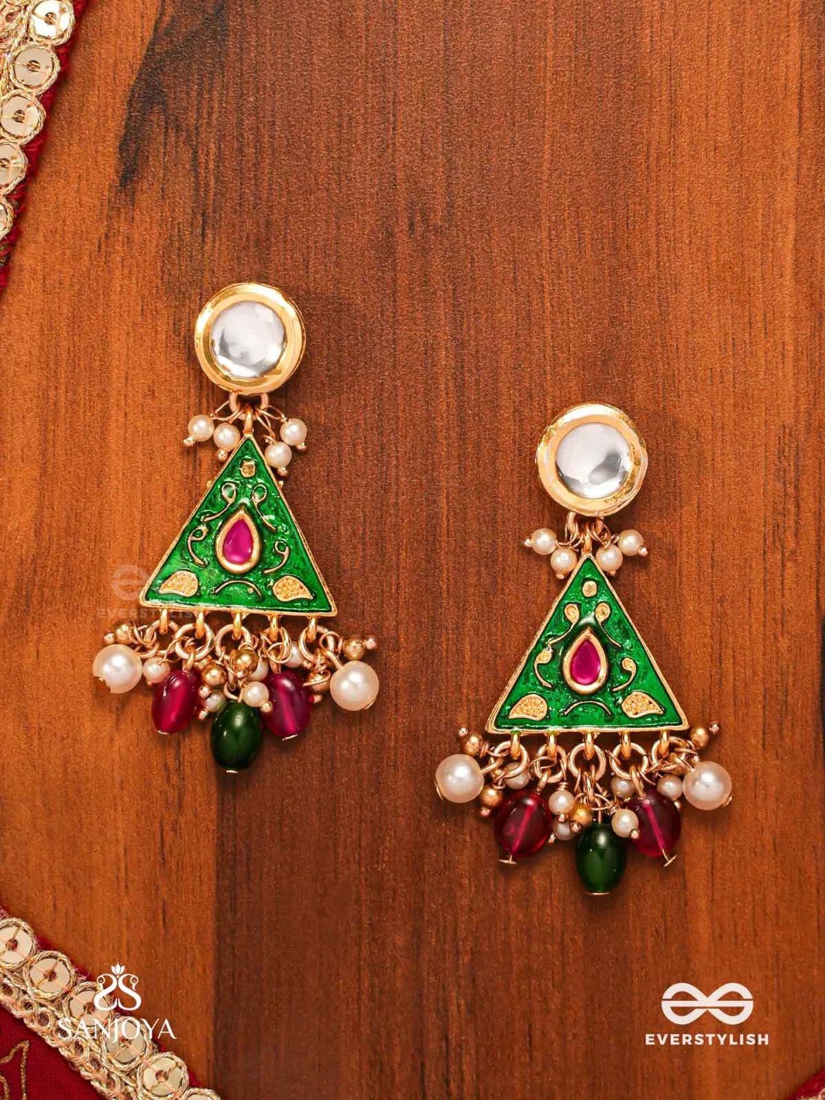 RANGLEKHA - LINES OF COLOR-  LAYERED GOLDEN CHAINED KUNDAN EARRINGS WITH VIBRANT GEM DROPS AND FLORAL ENAMELED EDGES